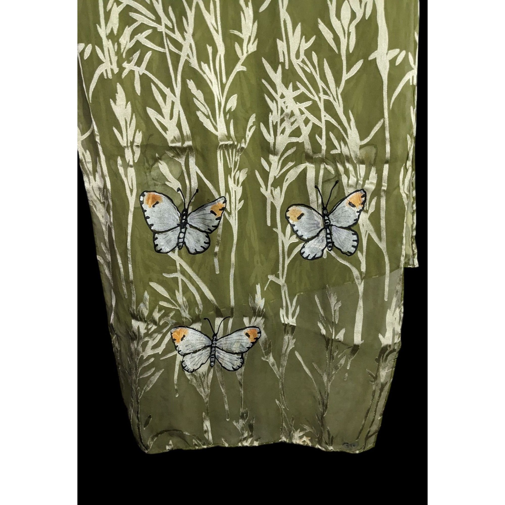 Handmade Vintage Handmade Cottagecore Green Silk Scarf With Hand-Pain Size ONE SIZE - 4 Thumbnail