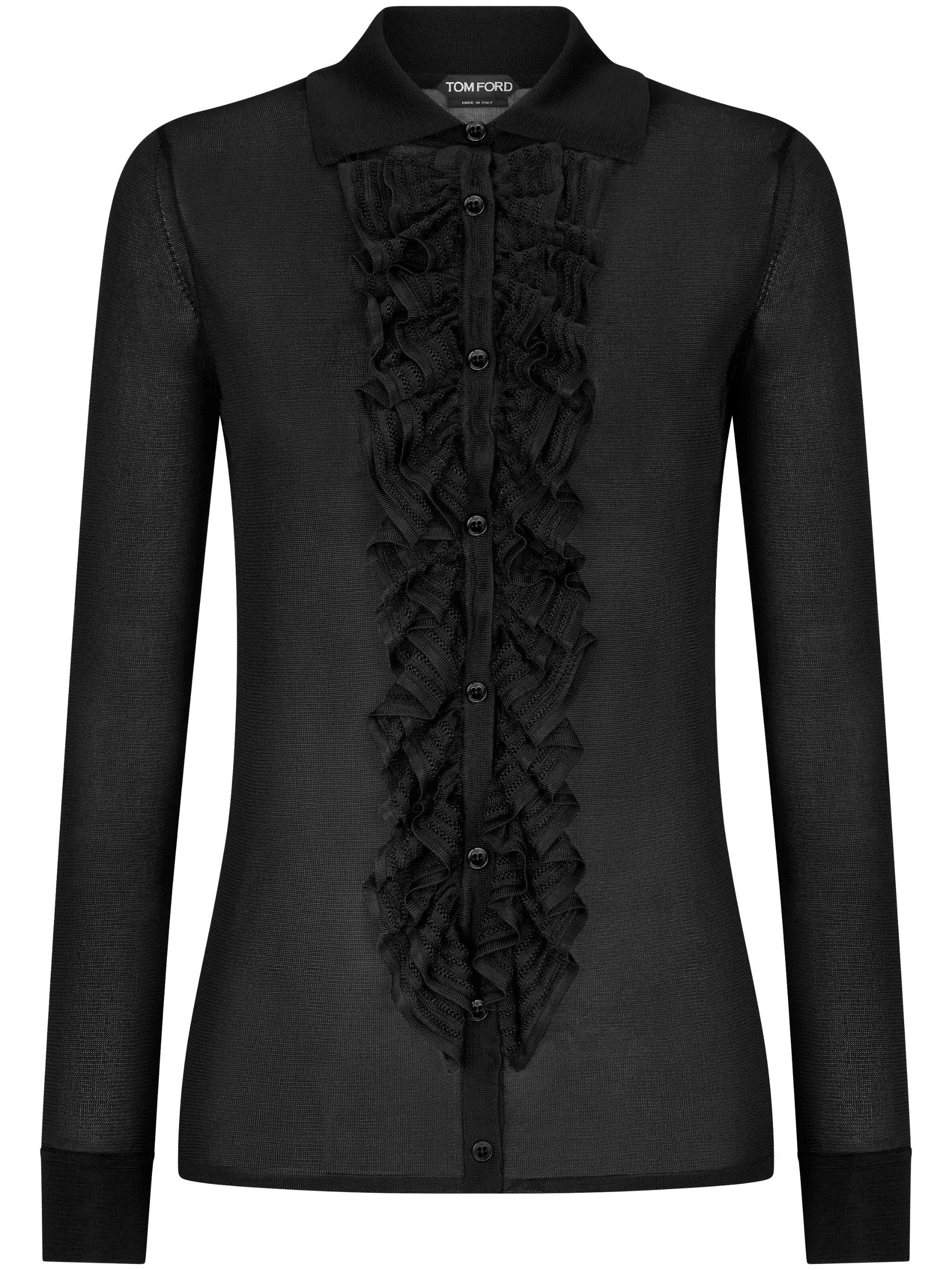 Tom Ford o1w1db10525 CAK354 Ruffle Panel Shirt in Black Size L / US 10 / IT 46 - 1 Thumbnail