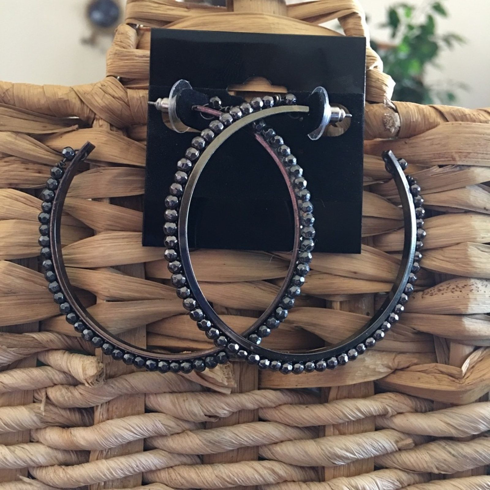 Jewelry Chrome tone sparkle beaded hoop earrings Size ONE SIZE - 1 Thumbnail