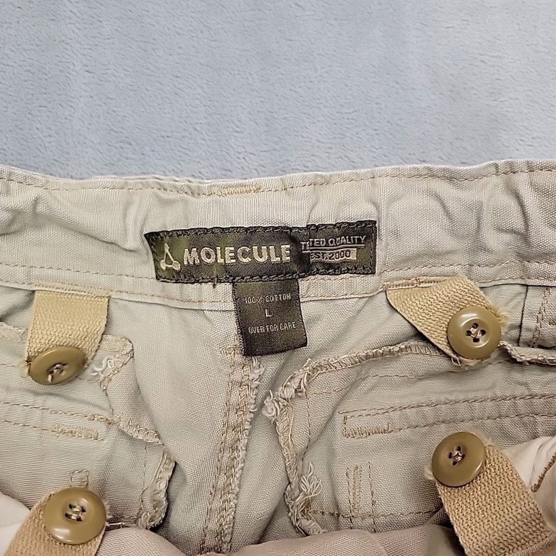Vintage VTG Molecule Cargo pants Mens L 34x32 Khaki Military Wide Leg Skate Streetwear Pants Mens L Khaki 90s Army Outdoor Canvas Pocket Zipper Batwing? Size US 33 - 4 Thumbnail