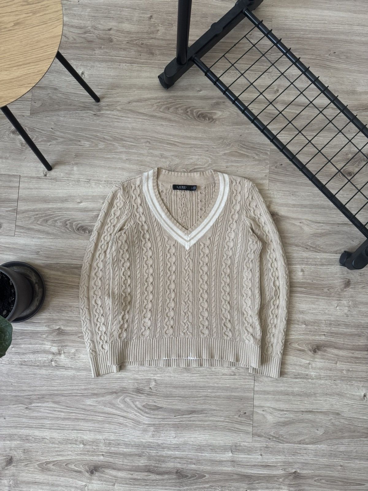 Lauren Ralph Lauren Lauren Ralph Lauren Cable Knit V Neck Sweater Size L / US 10 / IT 46 - 1 Thumbnail