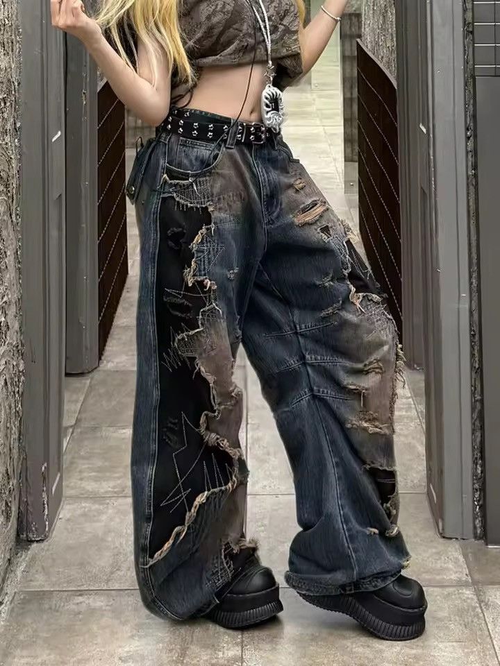 Other Punk Designer Patchwork Straight Baggy Hip Hop Jeans Size 28" / US 6 / IT 42 - 2 Thumbnail