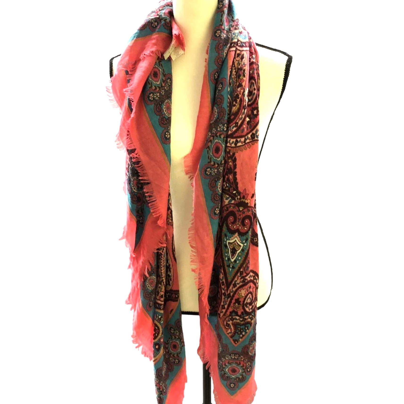 Loft VINTAGE Loft Square Fringe Scarf Womens Paisley Print Pink Blue Boho Shawl Neck Size ONE SIZE - 5 Thumbnail