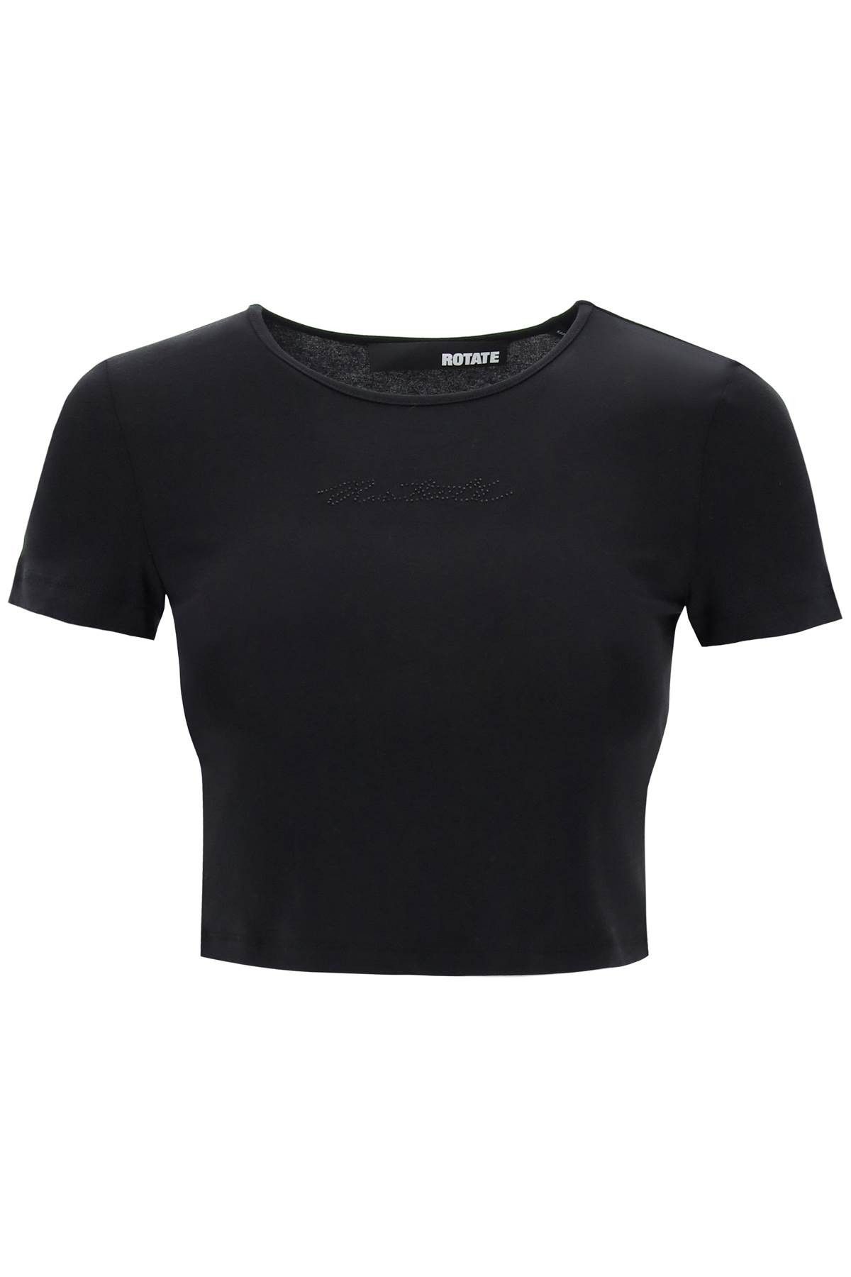 image of Rotate Birger Christensen Rotate Cropped T-Shirt With Rhinestone Logo in Black, Women's (Size Mediu