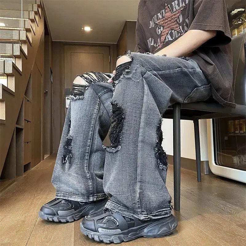 Japanese Brand Retro loose wide leg straight leg ripped jeans Size US 32 / EU 48 - 4 Thumbnail