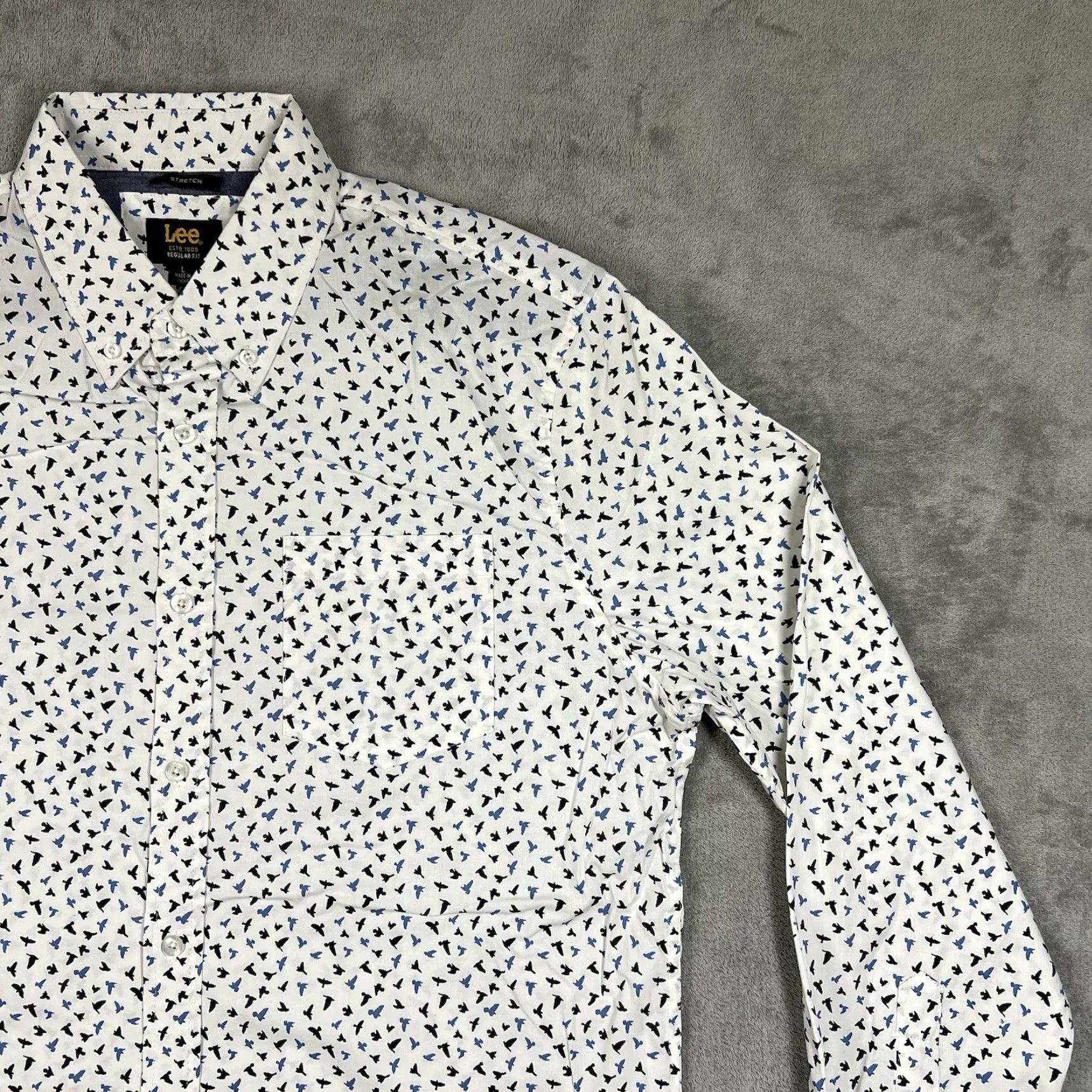 Lee Lee Stretch Regular Fit Mens Large Button-Down Long Sleeve Shirt Bird AOP Cotton White Size US L / EU 52-54 / 3 - 5 Thumbnail