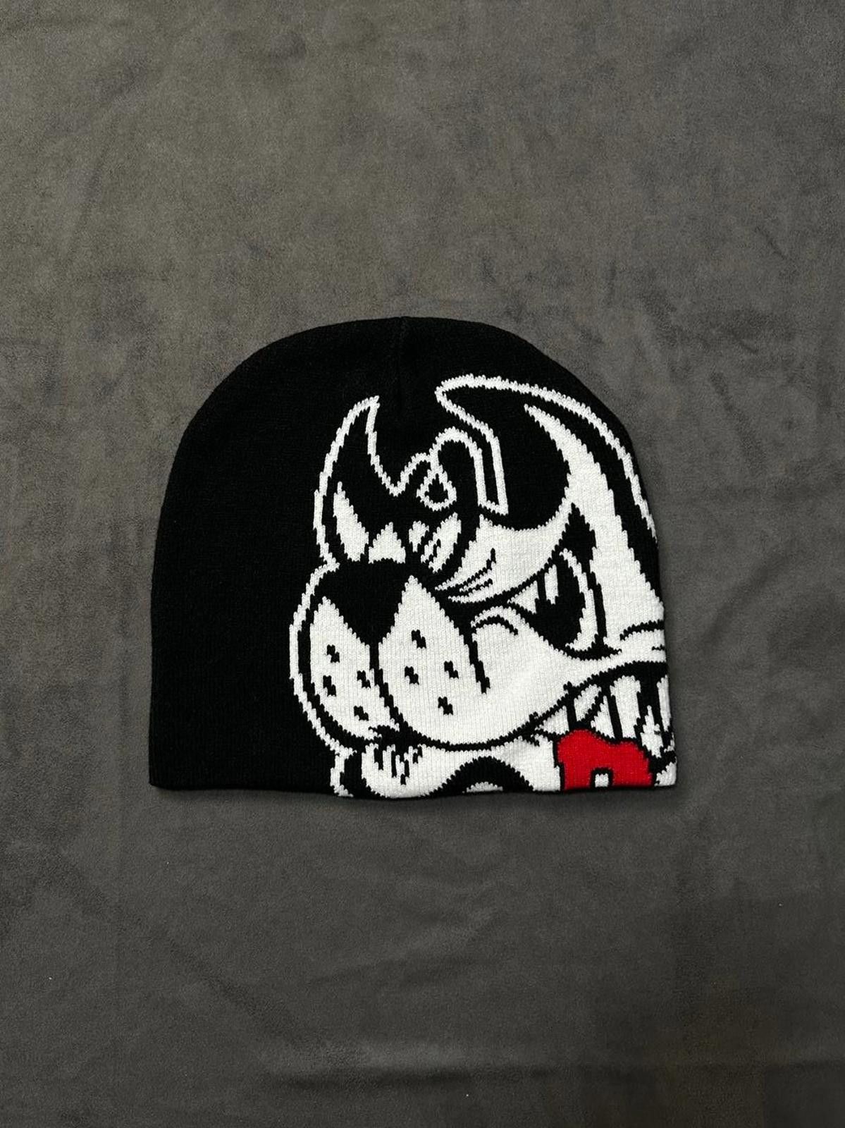 Japanese Brand Angry Wolf Graphic Graphic No Cuff Knit Beanie Black Hat OS Size ONE SIZE - 1 Thumbnail