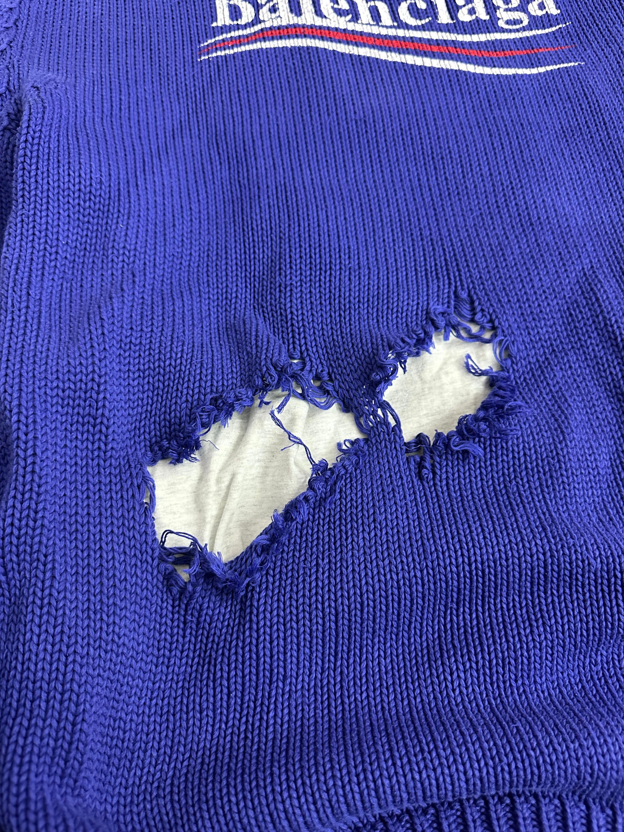 Balenciaga Balenciaga Political Campaign Destroyed Knit Hoodie in Blue Size US XS / EU 42 / 0 - 8 Thumbnail