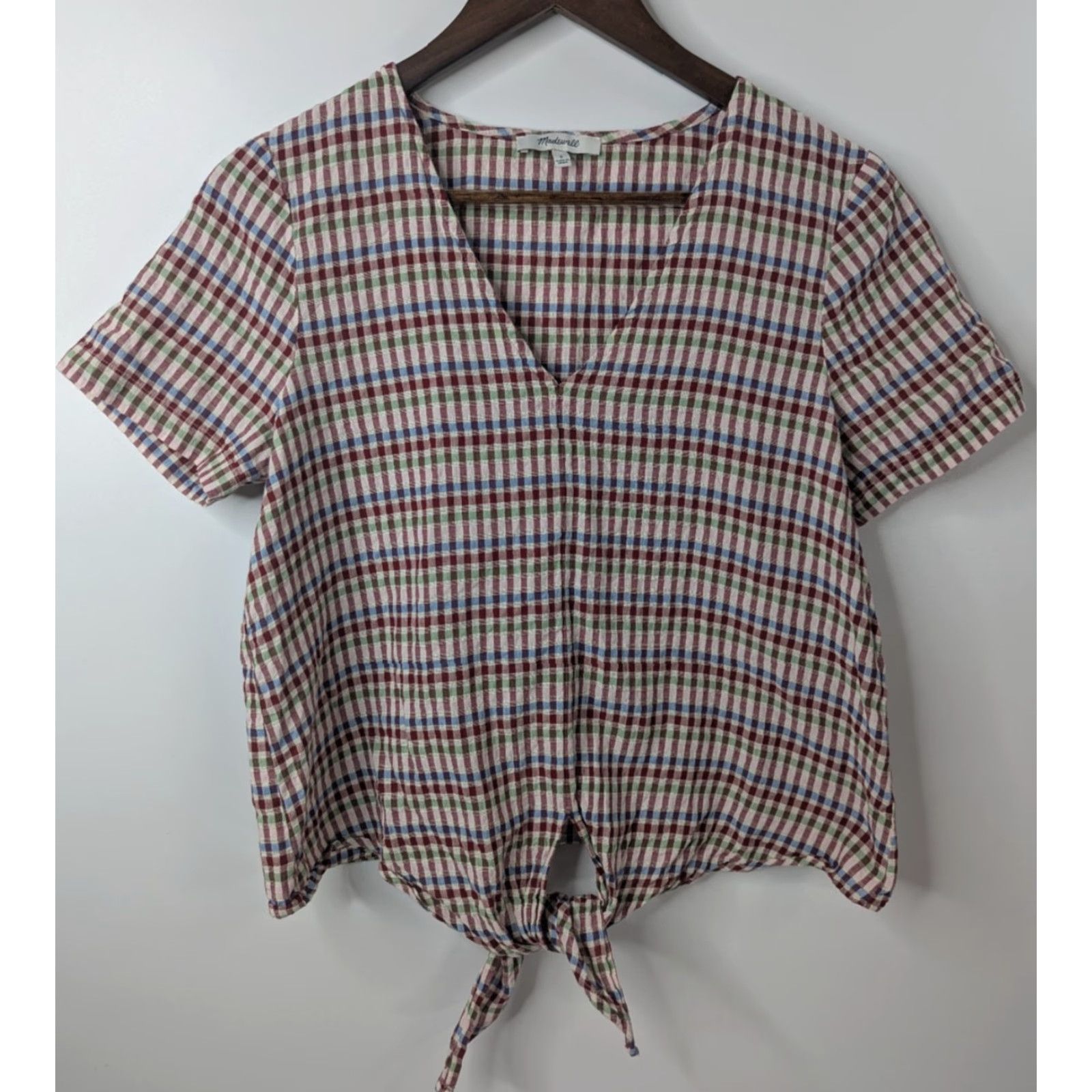 Madewell Madewell Blouse Shirt Short Sleeve V-Neck Tie Front Top Size S Multicolor Gingham Print 100% Cotton L8477 Size S / US 4 / IT 40 - 2 Thumbnail