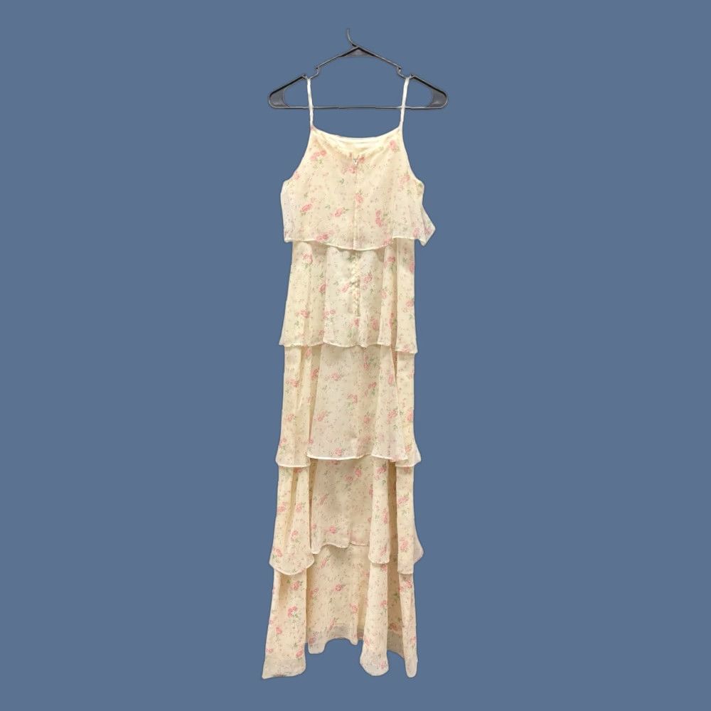 Vintage VINTAGE Lisette Maxi Dress Women 70s Bohemian Ruffle Tiered Floral Ivory Square Neck Sleeveless Zip 7 Size M / US 6-8 / IT 42-44 - 1 Thumbnail