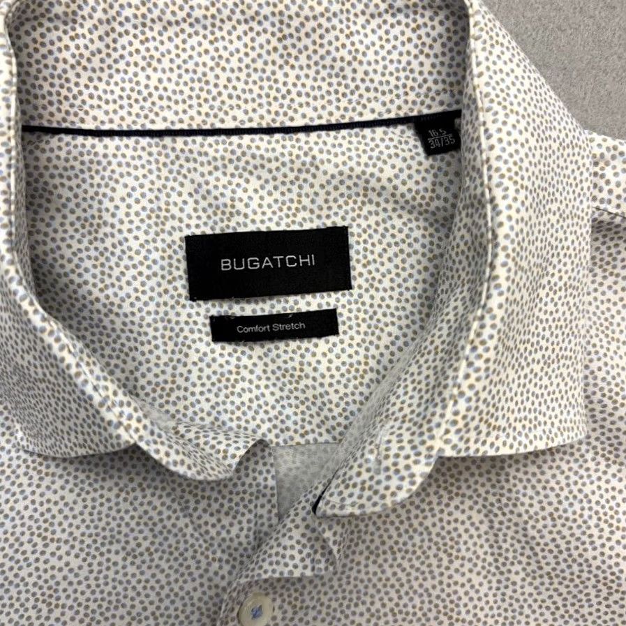 BUGATCHI BUGATCHI Shirt Mens 16.5 White Comfort Stretch Blue Dot Long Sleeve Button Size US XL / EU 56 / 4 - 3 Thumbnail