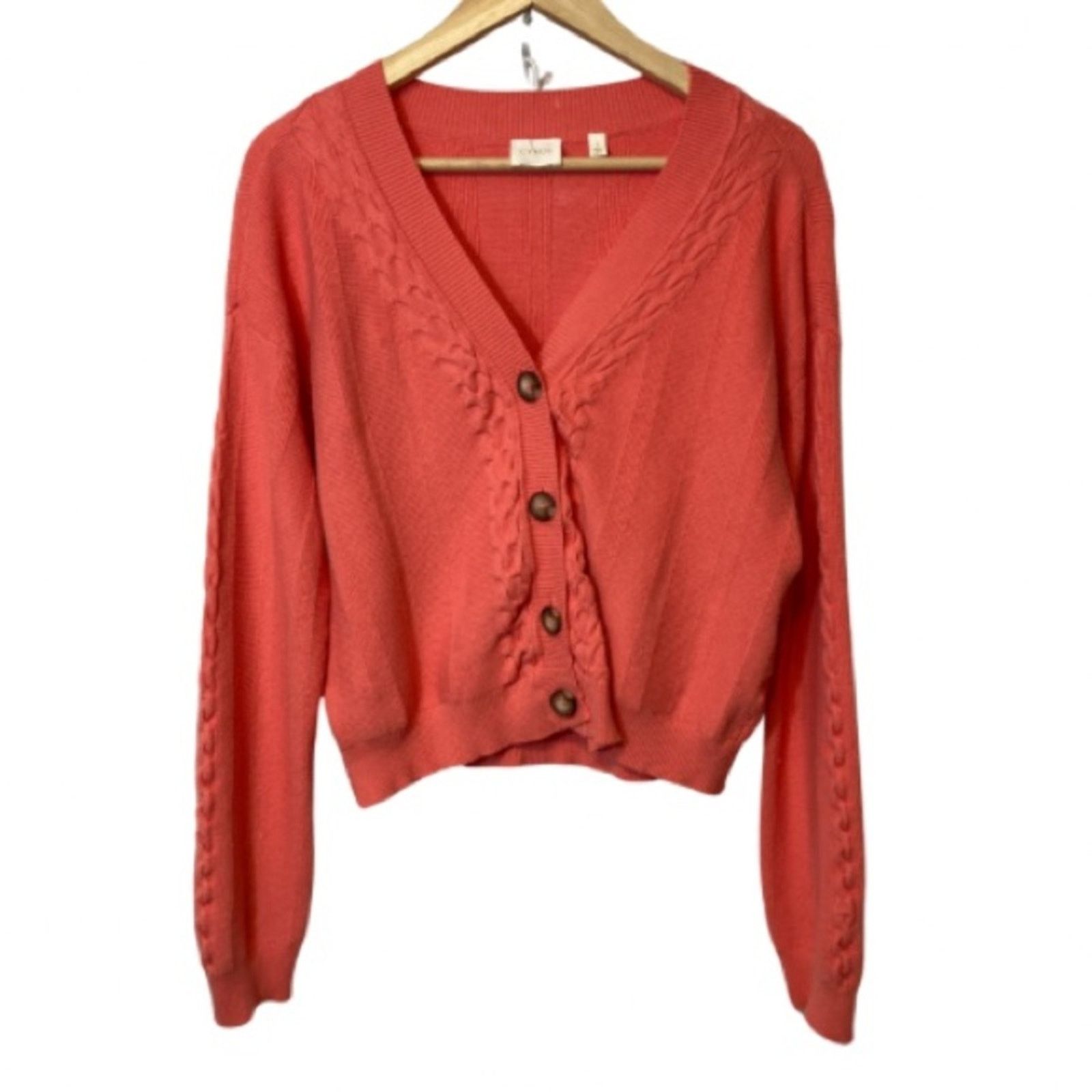 Other Cyrus Salmon Pink Ribbed Cable Knit Cardigan Sweater Size L / US 10 / IT 46 - 1 Thumbnail