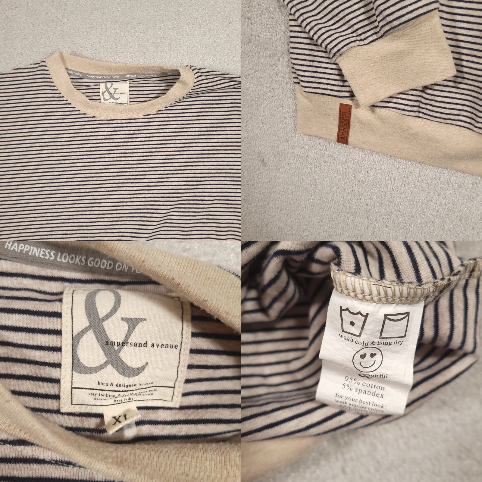 Avenue Ampersand Avenue Womens Sweatshirt Beige Striped Crewneck Size XL Long Sleeve Pullover Casual Fiber 95% Cotton 5% Spandex Size XL / US 12-14 / IT 48-50 - 8 Thumbnail