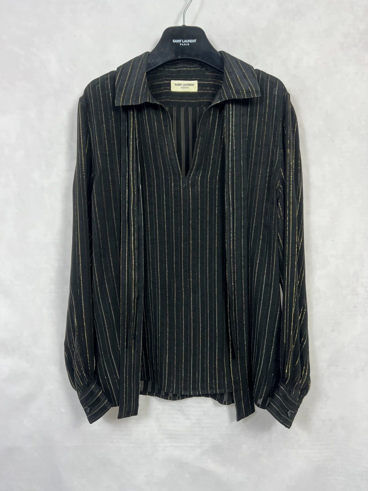 Saint Laurent Paris SLP22FW Silk Black Gold Stripe V-neck Shirt 38 Size US M / EU 48-50 / 2 - 2 Thumbnail