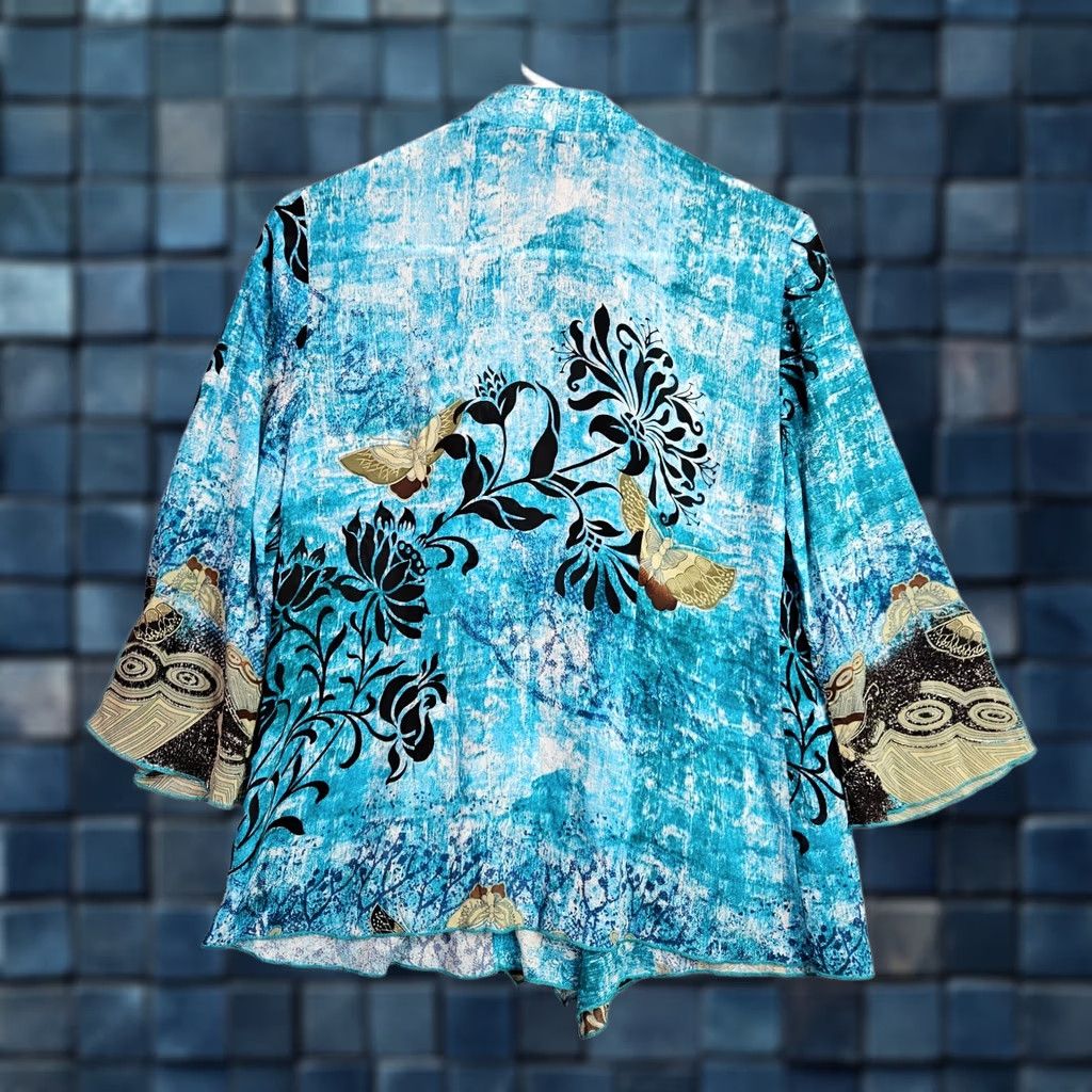 Vintage Citron Silk Open Front Jacket Blouse Blue Floral Art PXS Women’s V-Neck 3/4 Sleeve Petites Casual Regular All Seasons Size XS / US 0-2 / IT 36-38 - 1 Thumbnail