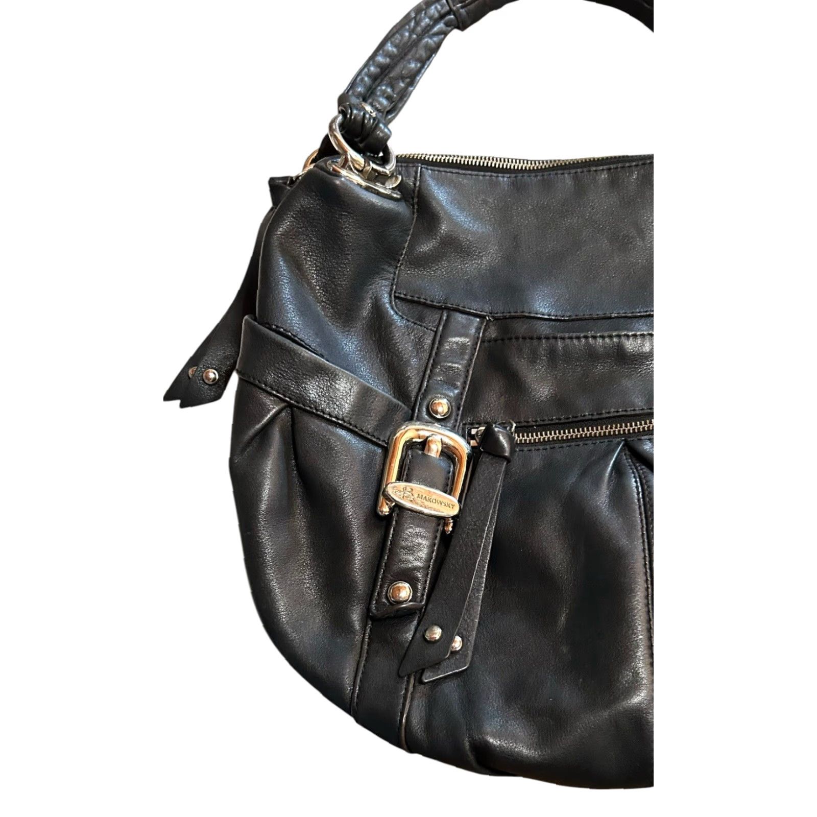 Vintage B. Makowsky Black Leather Shoulder Handbag Women Purse Read Hobo Tote Bag Womens Medium Black Leather Hobo Bag Ladies Vintage No Size ONE SIZE - 4 Thumbnail