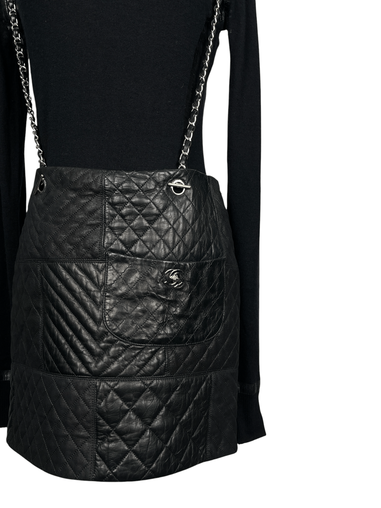 Chanel Chanel Black Quilted Lambskin Skirt With Chain Suspenders Size 26" / US 2 / IT 38 - 4 Thumbnail