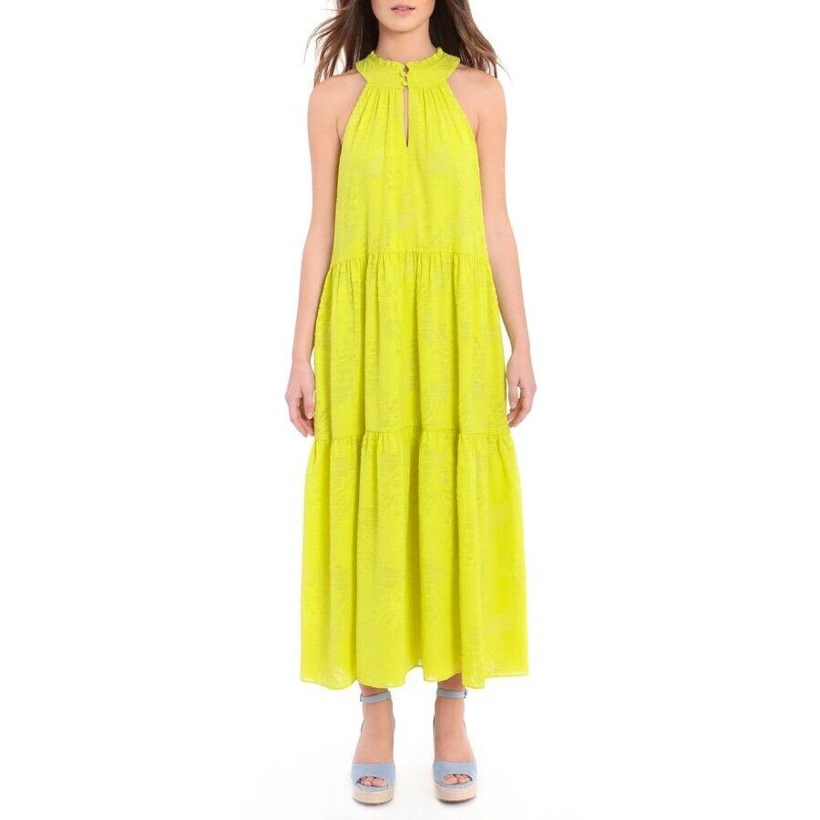 image of Unbrnd Donna Morgan Neck Chiffon Tiered Maxi Dress Plus Size 16 in Yellow, Women's