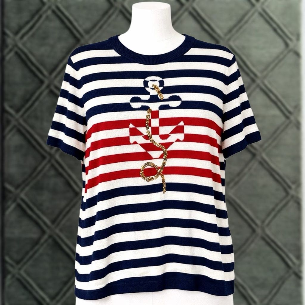 Quacker Factory VINTAGE Quacker Factory Sweater Shirt Womens XL Blue Striped Sailor Nautical Sequin Everyday Pullover Size XL / US 12-14 / IT 48-50 - 1 Thumbnail