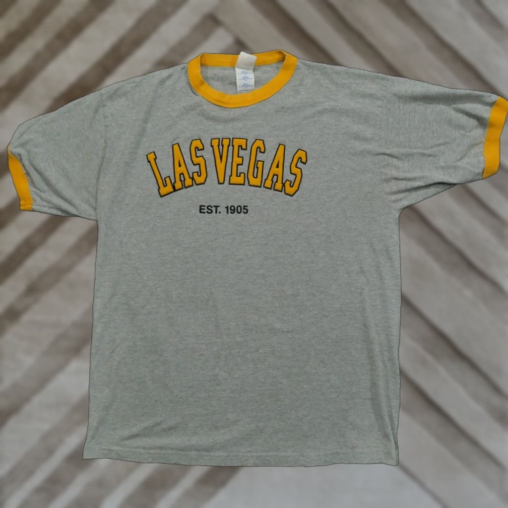 Spell VINTAGE Las Vegas T Shirt Adult XL Grey Yellow Ringer Spell Out Tourist Mens Y2K Size US XL / EU 56 / 4 - 1 Thumbnail