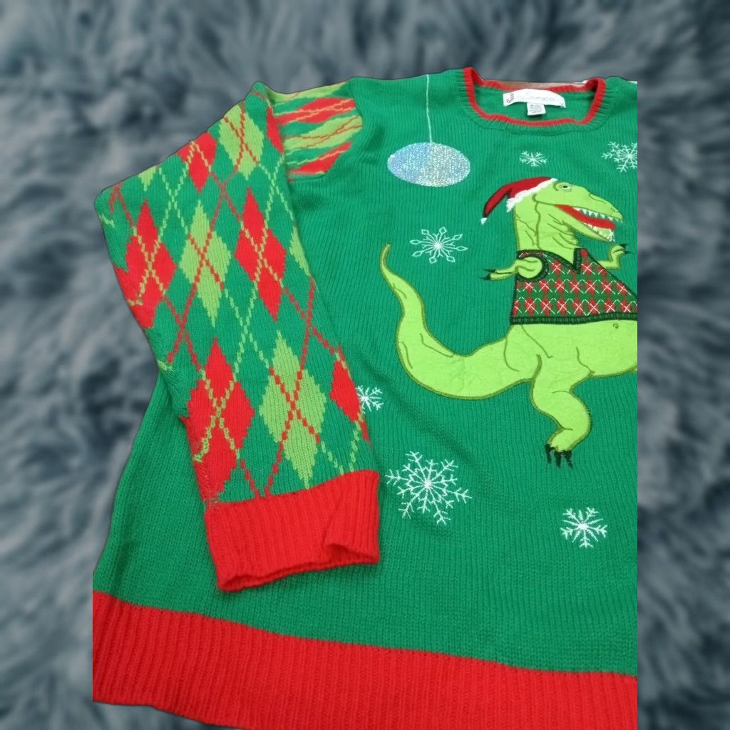 Vintage Jolly Sweaters Ugly Xmas Sweater XL 48" X 28" Trex dinosaur Size US XL / EU 56 / 4 - 1 Thumbnail
