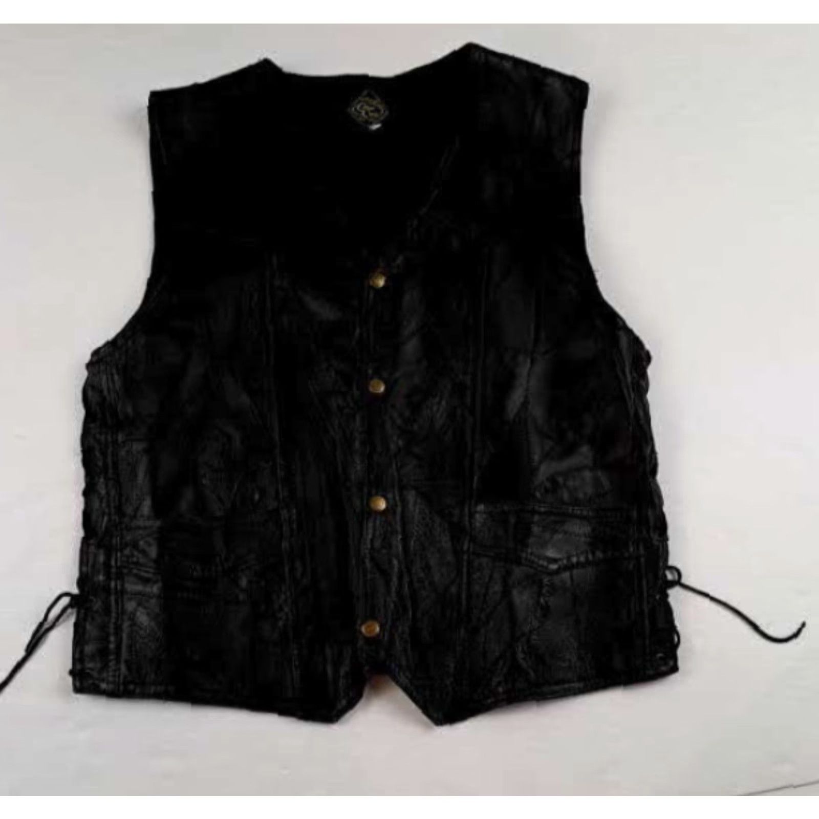 Vintage VINTAGE Canyon Creek Black Leather Vest - Side Laces, Full Brass Snap Button, 26in Long, Men's Medium, Motorcycle Biker Style, Pockets, Fall Size US M / EU 48-50 / 2 - 3 Thumbnail