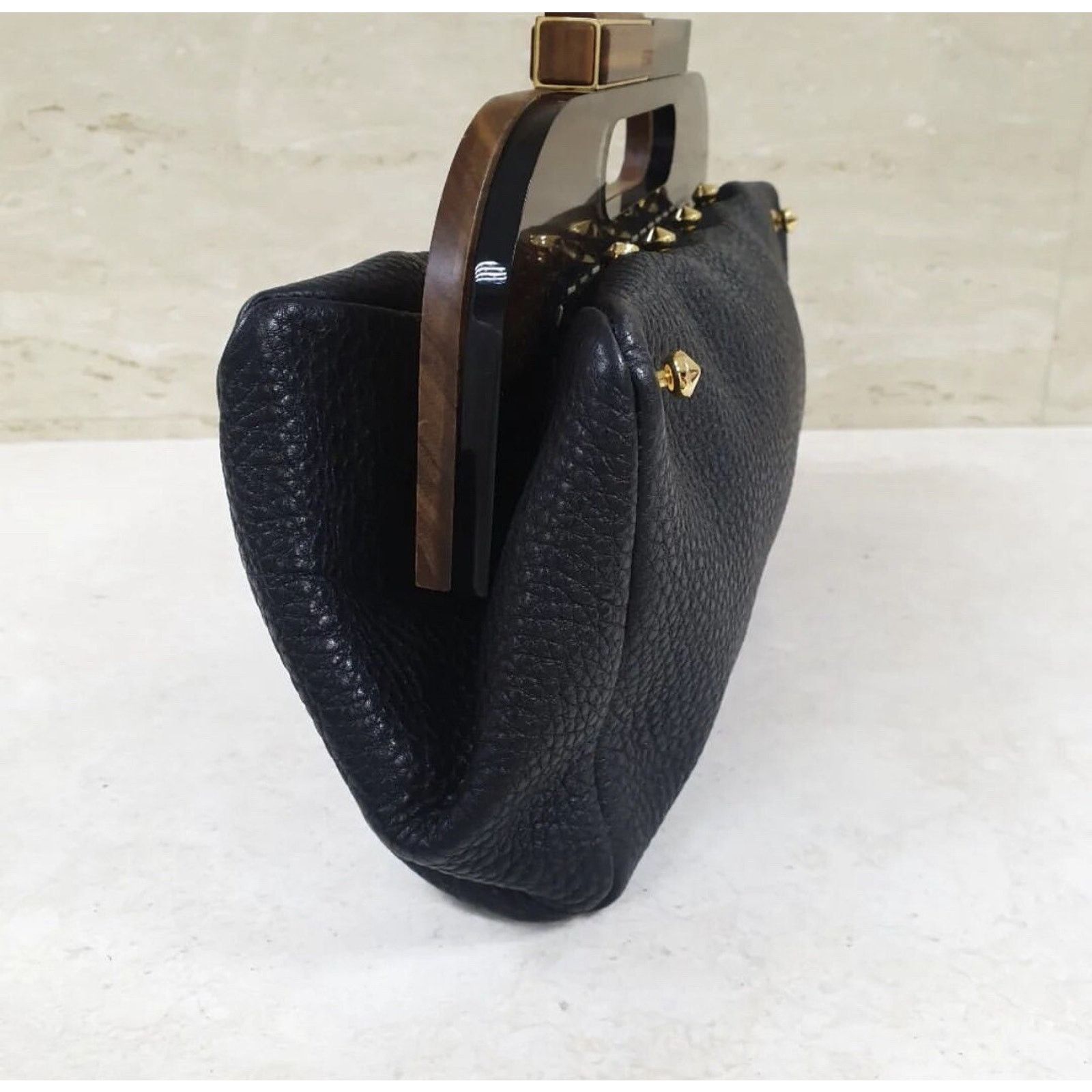 Fendi Fendi Black Leather Walnut Wood Handle Clutch Bag Size ONE SIZE - 2 Thumbnail