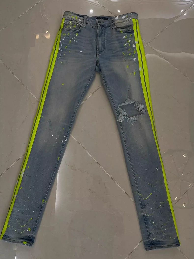 Amiri AmiriBright strip fluorescent single knee destruction jeans Size US 32 / EU 48 - 1 Thumbnail