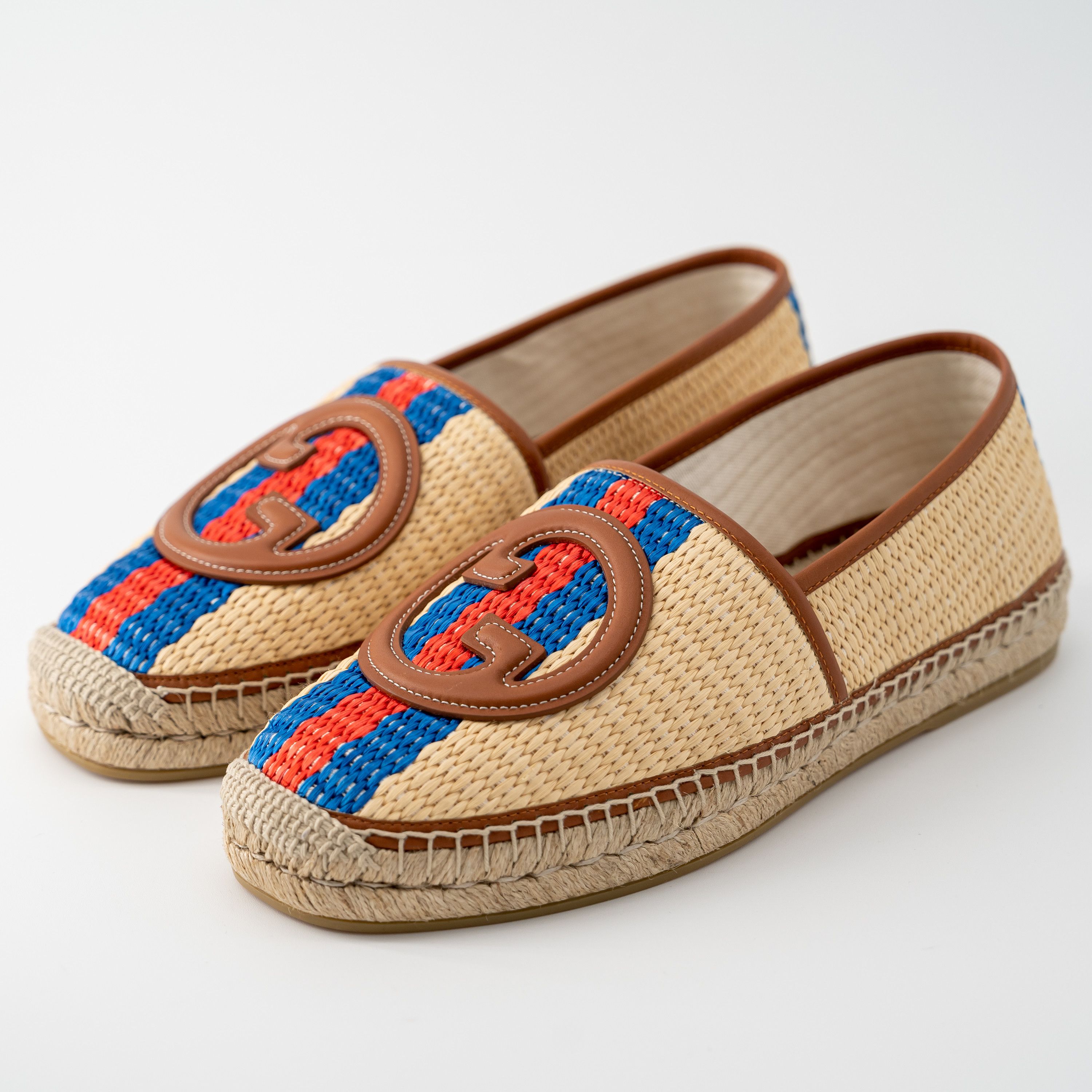 9.5G Gucci Brown Raffia GG Espadrilles Red Blue Stripe
