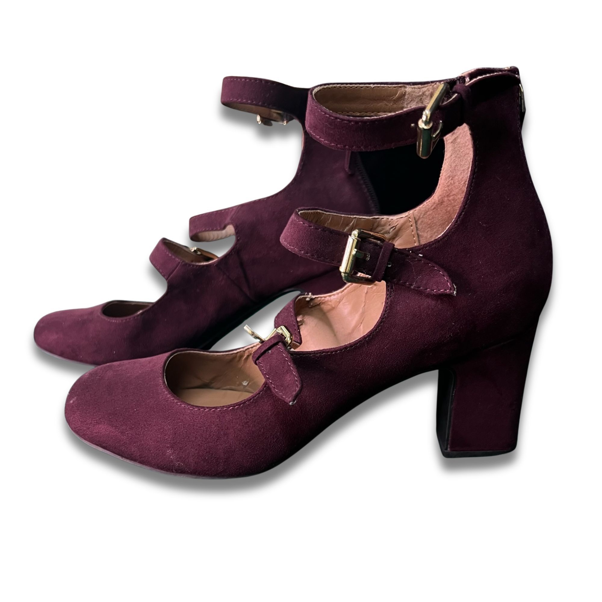 Other INDIGO Rd. Burgundy Strappy Suede Block Heels With Gold Buck Size US 8 / IT 38 - 3 Thumbnail