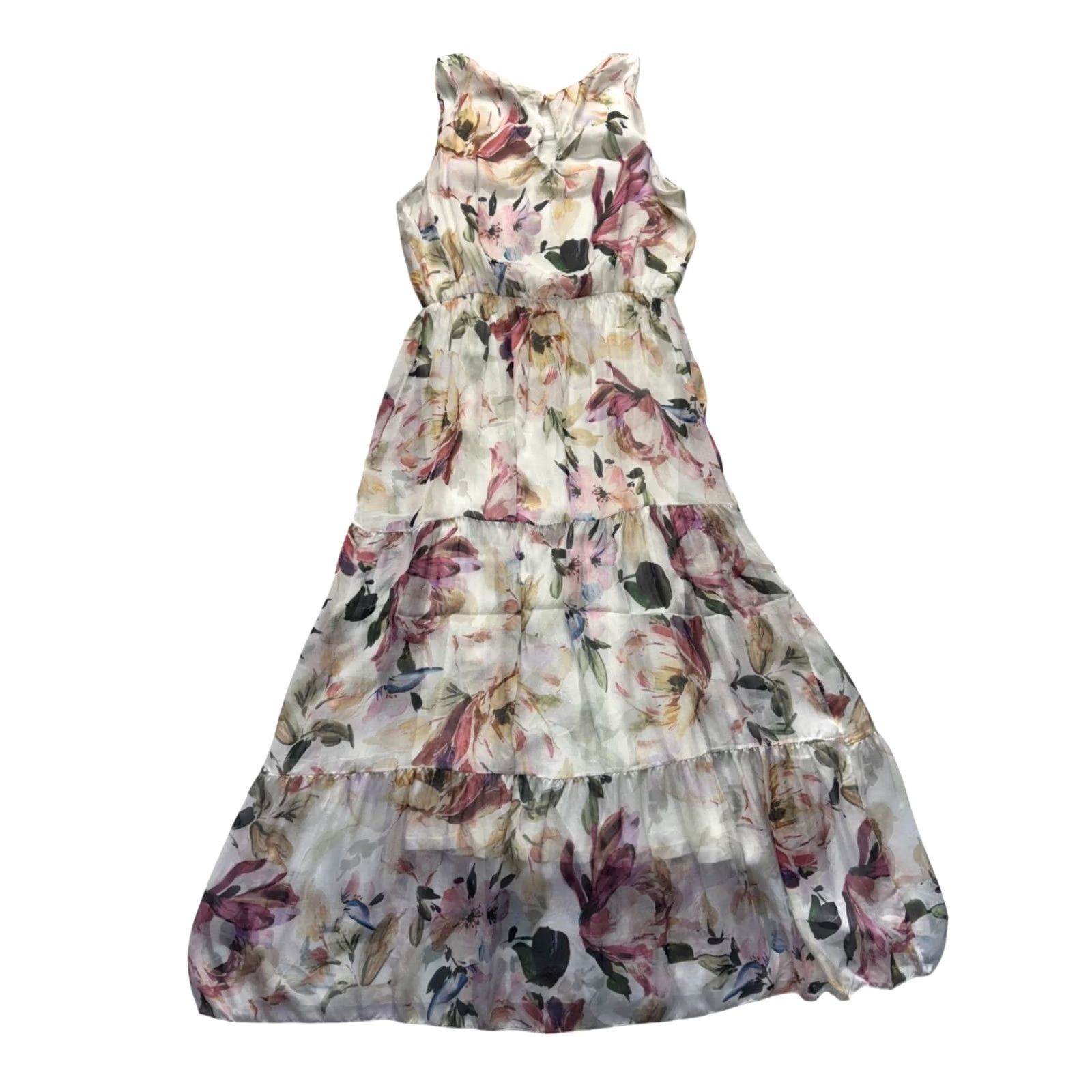 Vintage Lara Guidotti Floral Maxi Dress - Tiered Ruffle Silk & Viscose Size L / US 10 / IT 46 - 2 Thumbnail