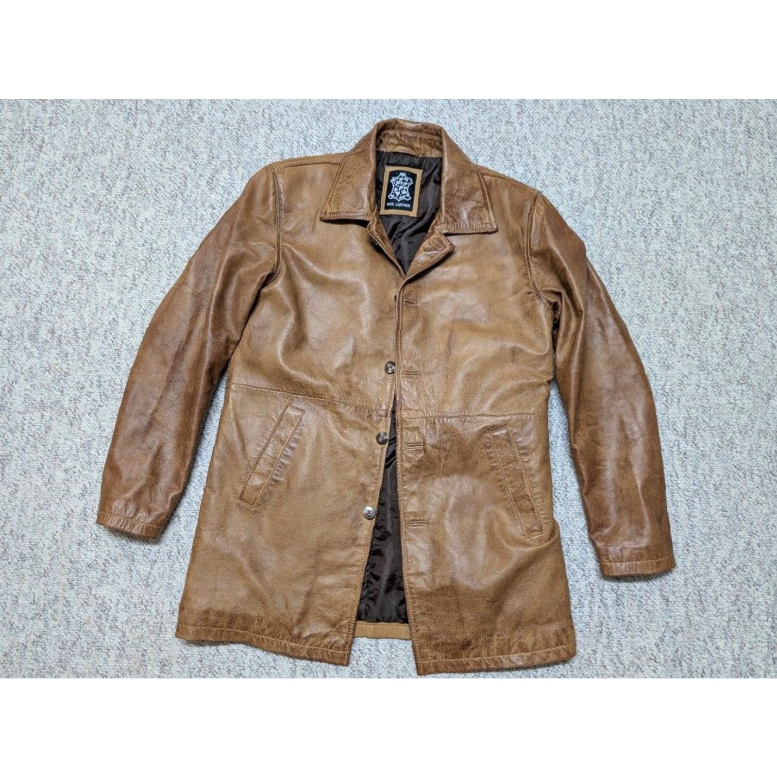 Vintage VINTAGE brown leather coat Mens Overcoat M 40 chest 22" 33" lightweight patina 1990s Mad Max style Size US M / EU 48-50 / 2 - 6 Thumbnail