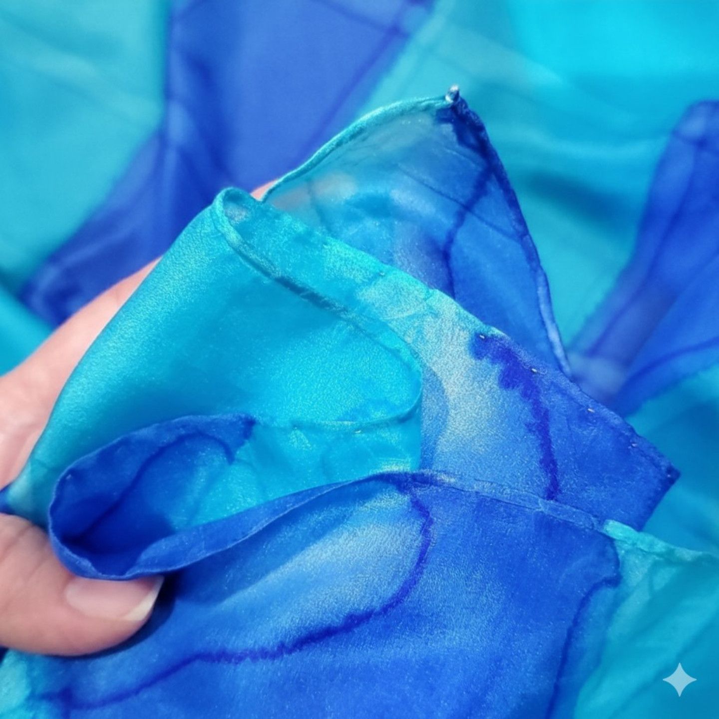 Handmade Silk 33x35" Scarf Signed FT Turquoise Cobalt Blue Hand Dyed Size ONE SIZE - 8 Thumbnail