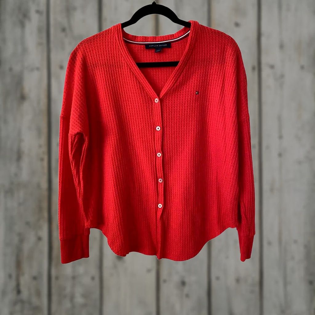 Tommy Hilfiger Tommy Hilfiger Waffle-Knit Button-Up Longsleeve Sweater - Small Women Red Size S / US 4 / IT 40 - 1 Thumbnail