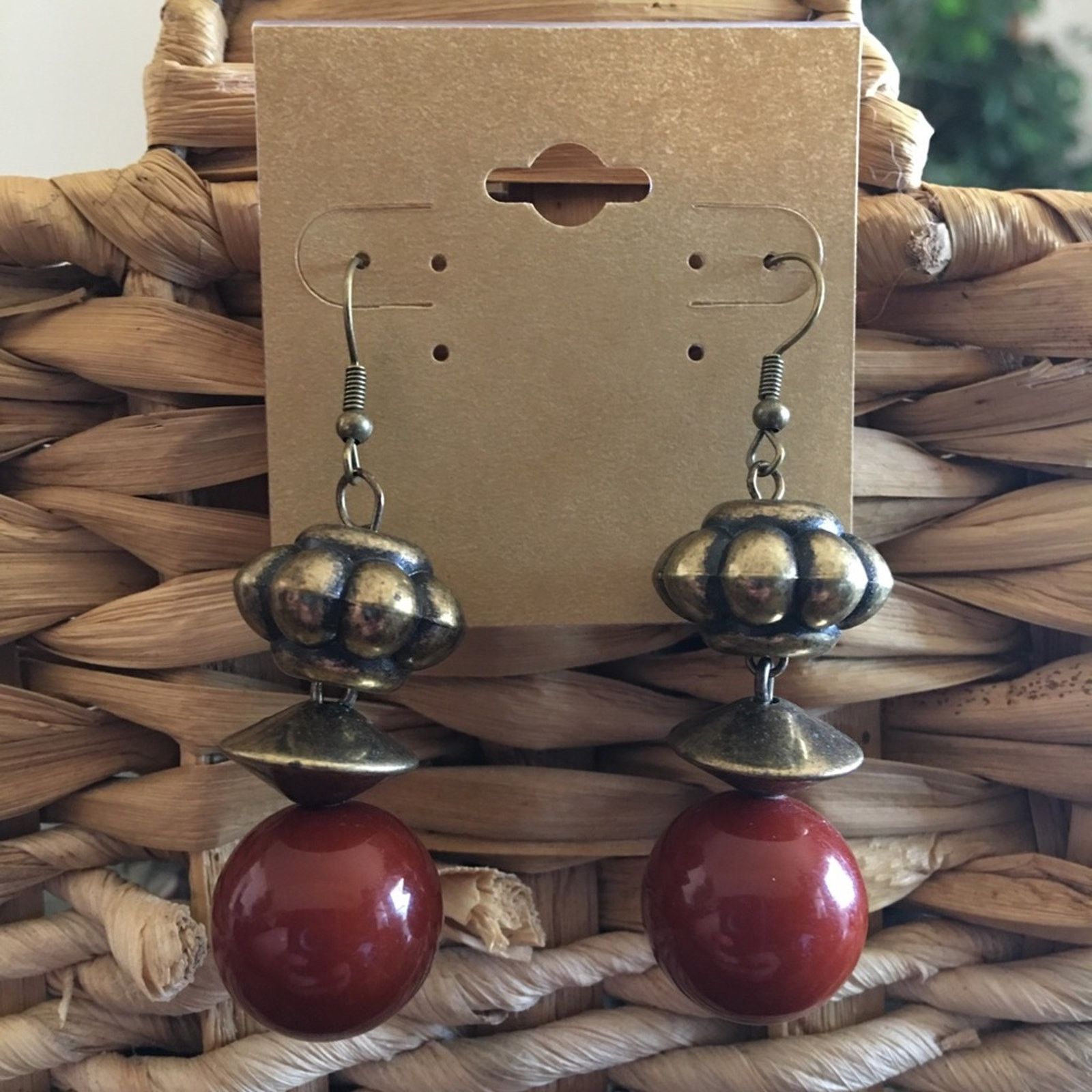 Jewelry Boho brass tone brown glass bead drop earrings Size ONE SIZE - 1 Thumbnail