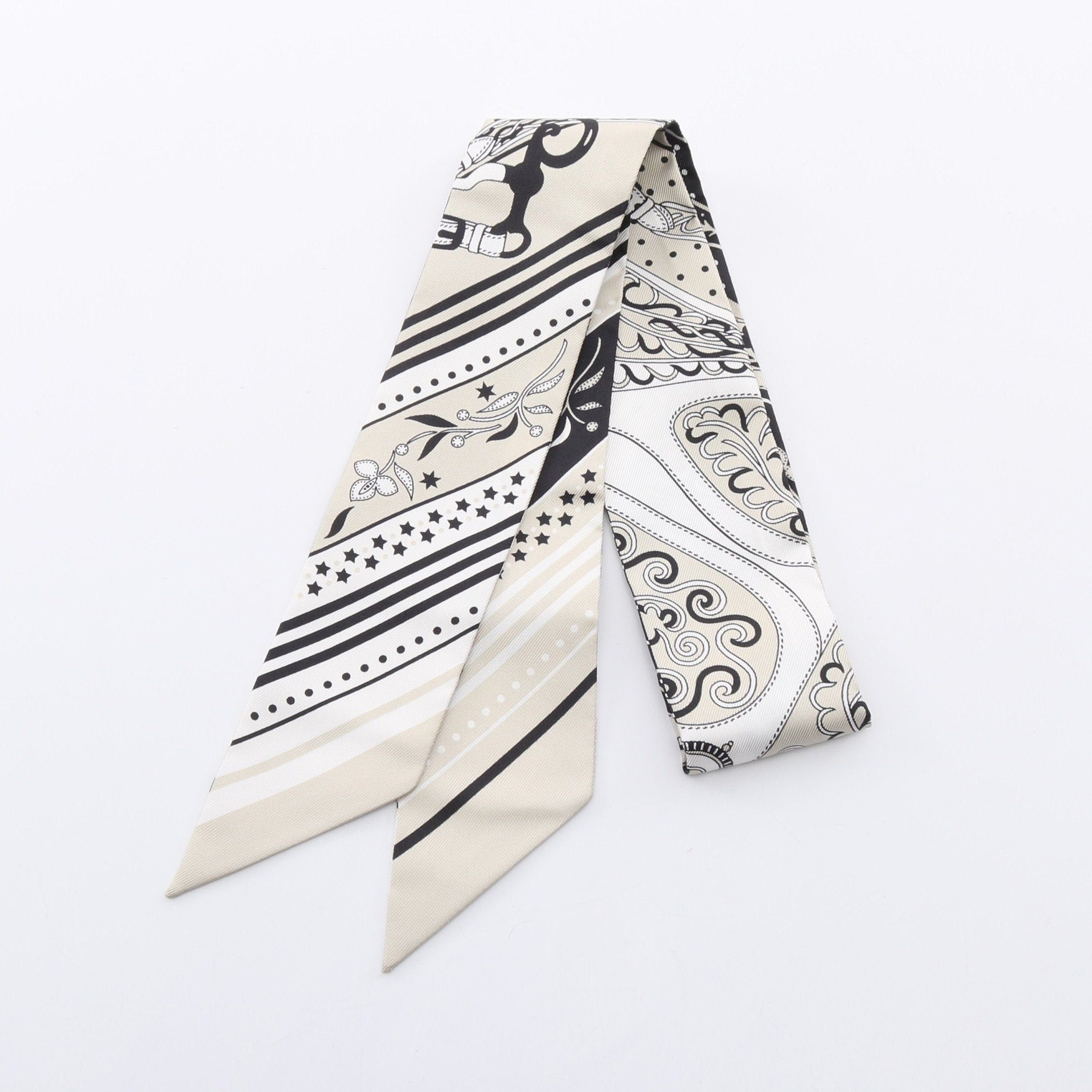Hermes Hermes Twilly Festival Des Amazones Ribbon Scarf Silk Gray Beige Black White Size ONE SIZE - 1 Thumbnail