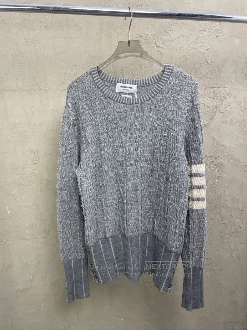 Thom Browne Gray Striped Fringe Wool Sweater