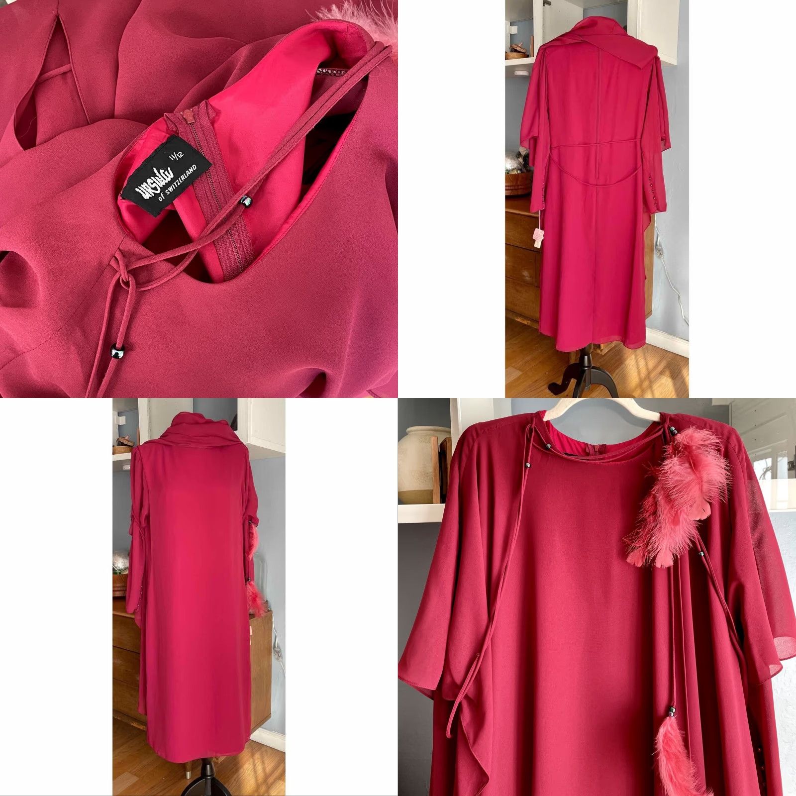 Vintage VINTAGE URSULA OF SWITZERLAND Dress Chiffon Flowy Drape Feathers 12 Pink 1980s Eveningwear Size XL / US 12-14 / IT 48-50 - 8 Thumbnail