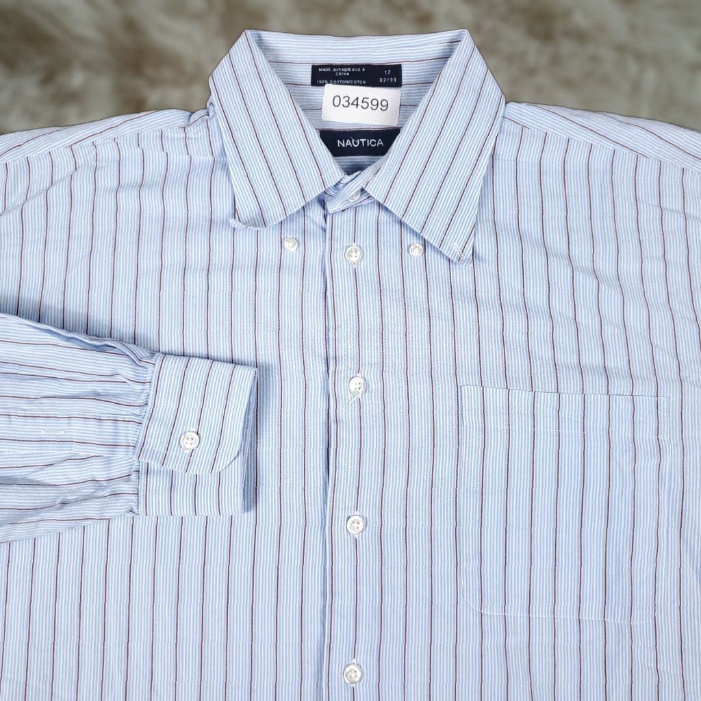 Nautica Nautica Shirt Mens Size 17 Blue Striped Dress Shirt Button Up Long Sleeve Size 46R - 1 Thumbnail