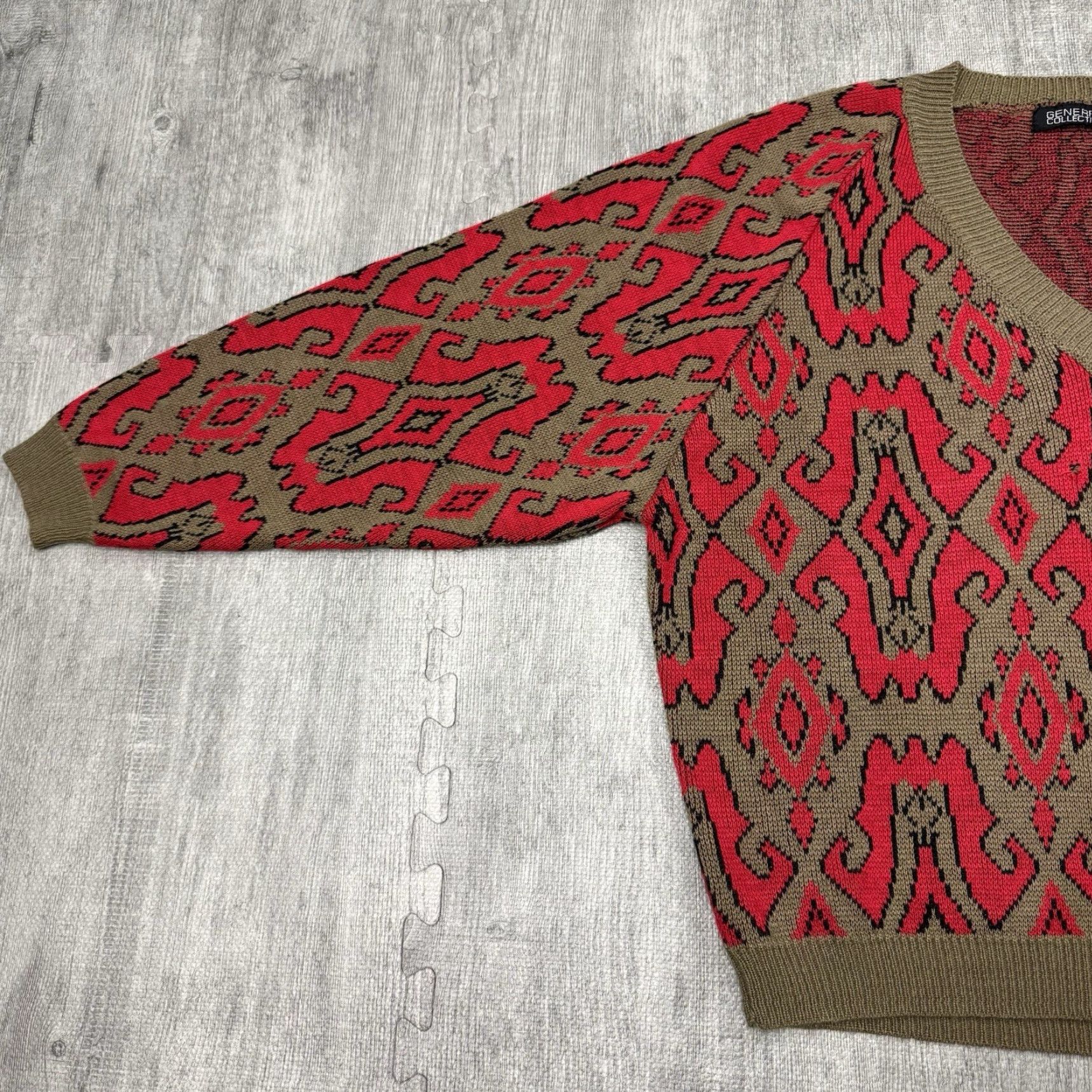 VINTAGE Generra 90s Abstract Knit V-Neck Sweater Oversized Black L Womens