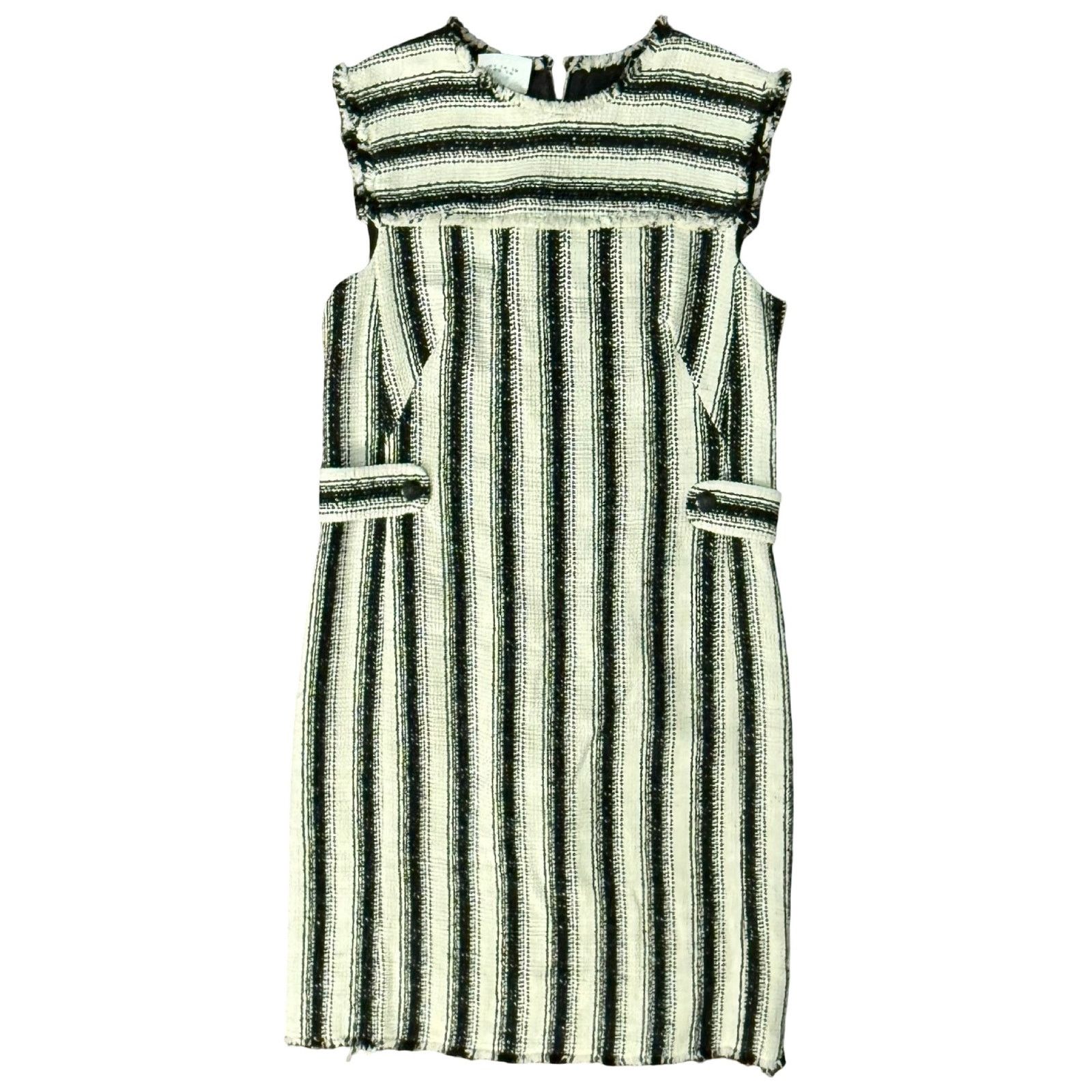 Akris Punto Black Ivory Pinstripe Button Tweed Dress Size 8