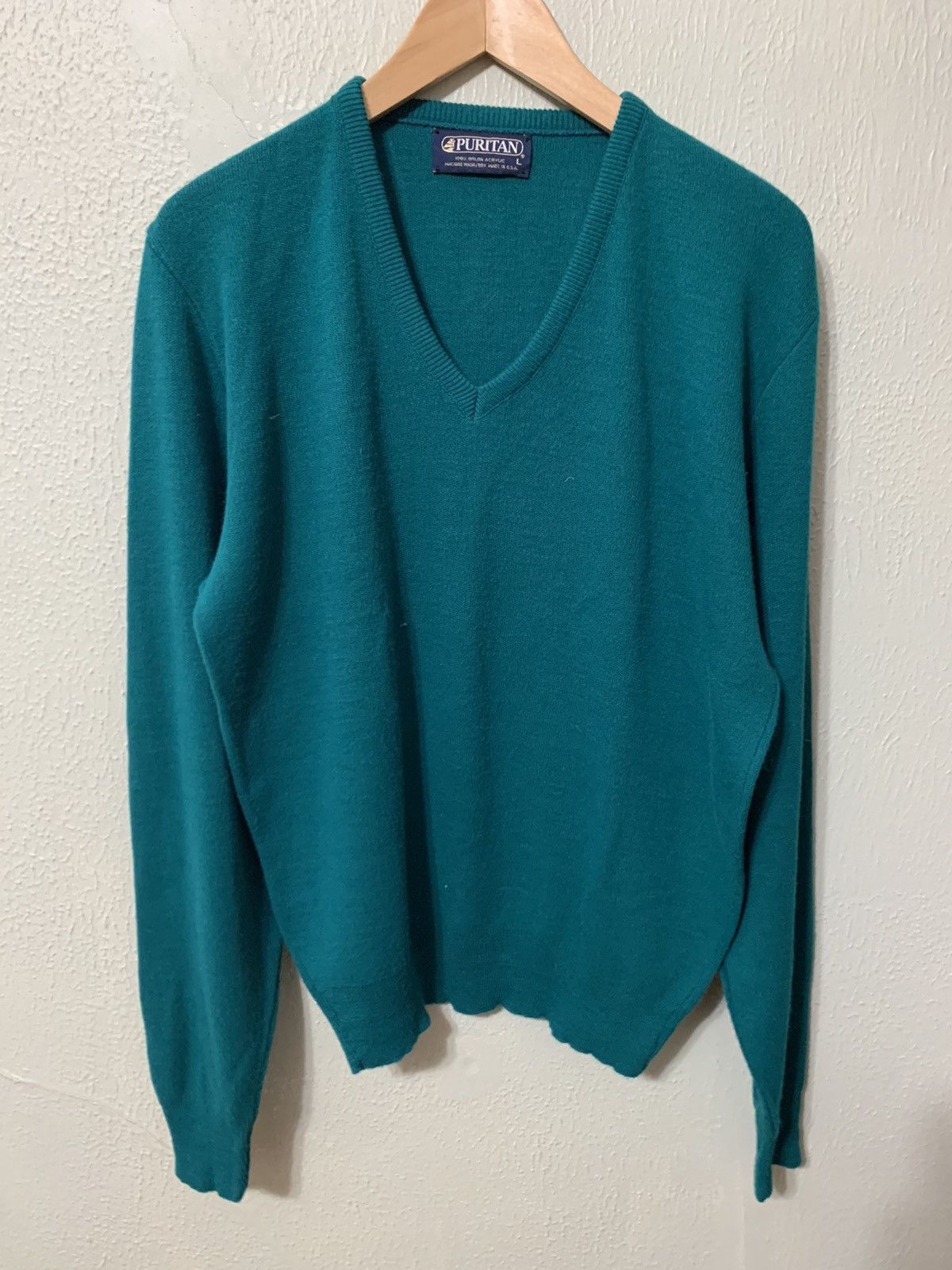 Vintage Vintage Teal Solid V Neck Knit Sweater Size US L / EU 52-54 / 3 - 1 Thumbnail