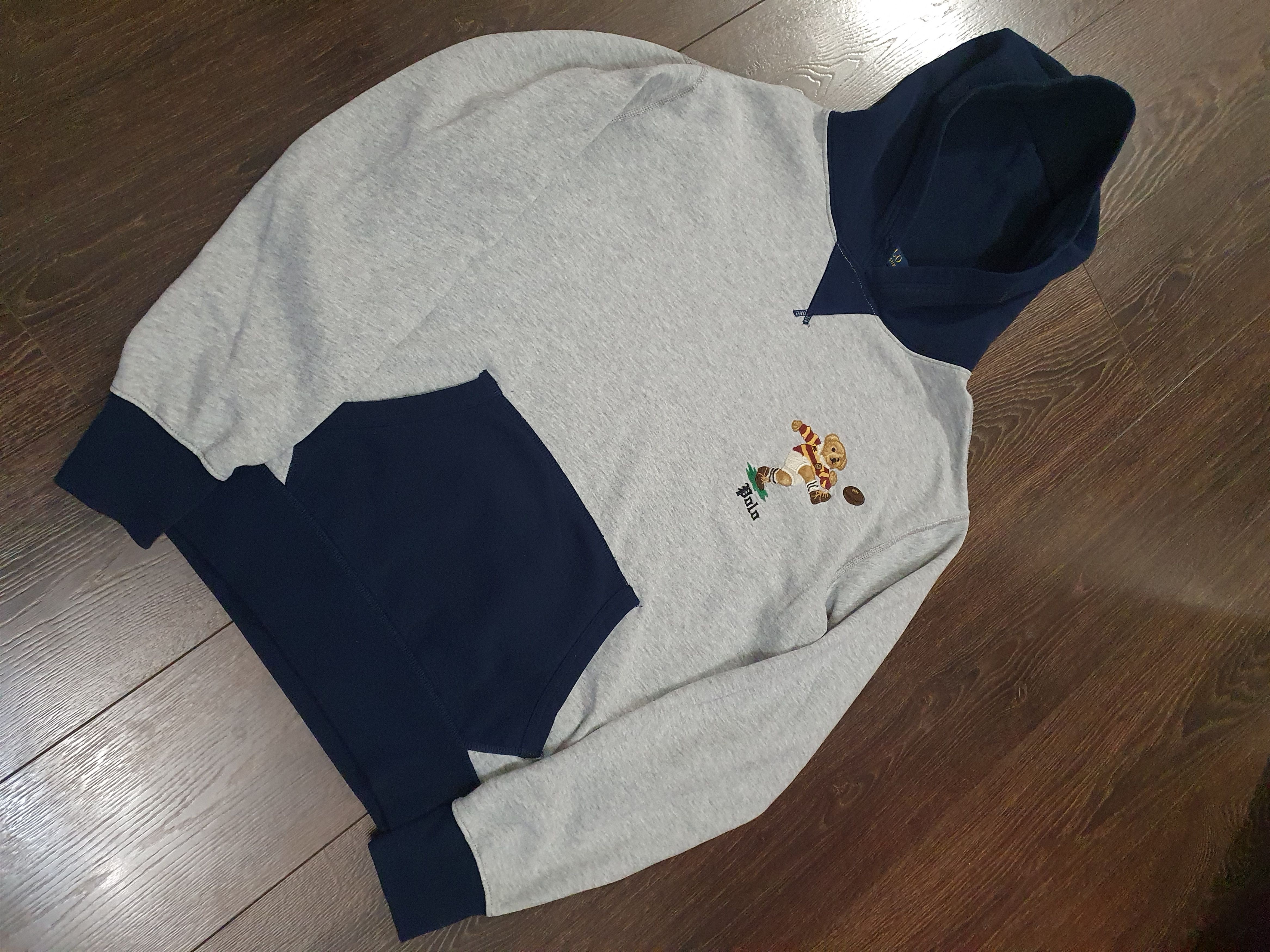 image of Polo Ralph Laurent Contrast Football Bear Y2K Stunning Hoodie in Navy/Grey, Men's (Size Medium)