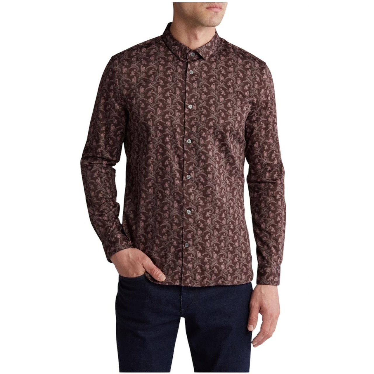 John Varvatos Mens Red Wine Ross Collared Floral Button Up S