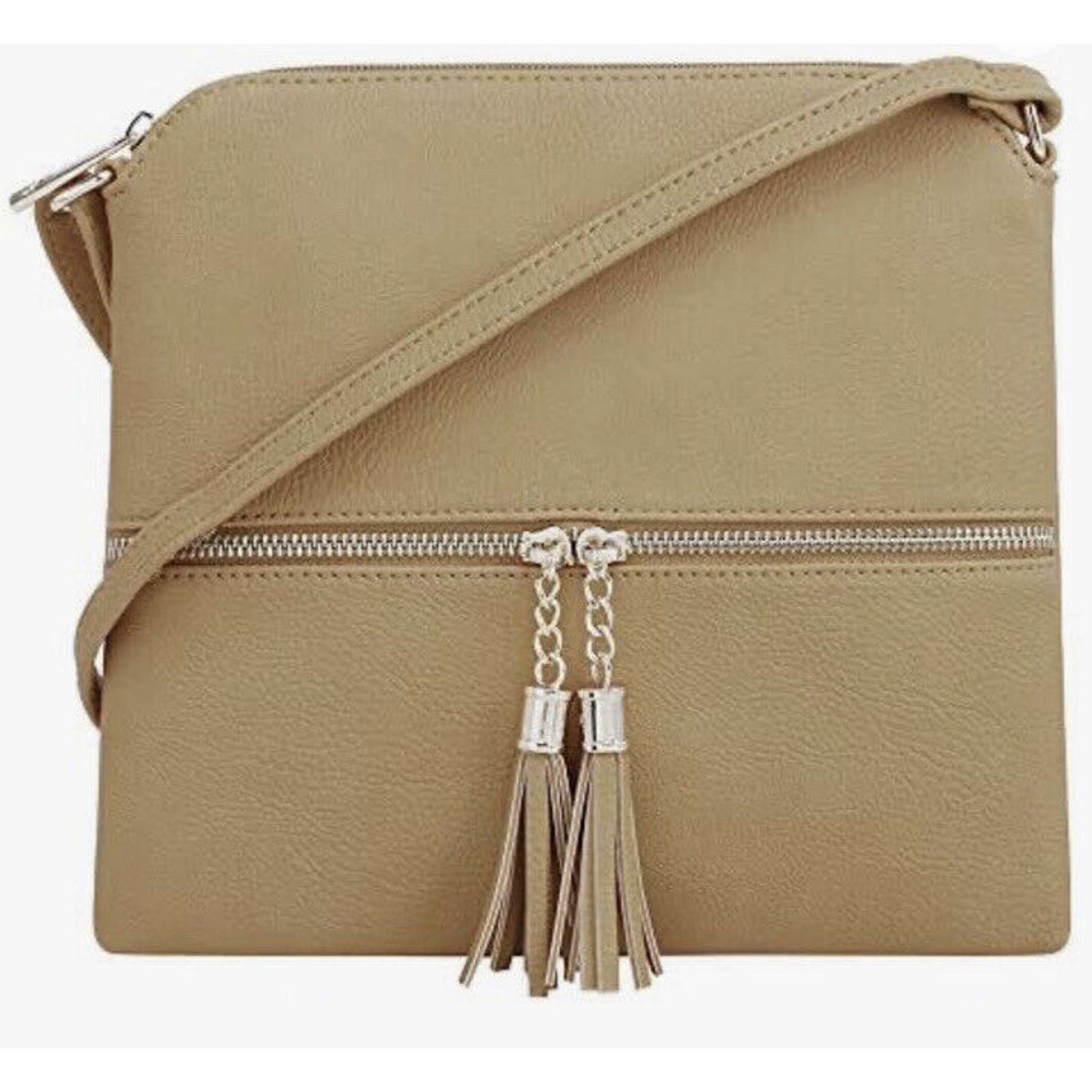 Desert Sand Crossbody Bag Tassel Striped Interior Strap in Brown, Women's