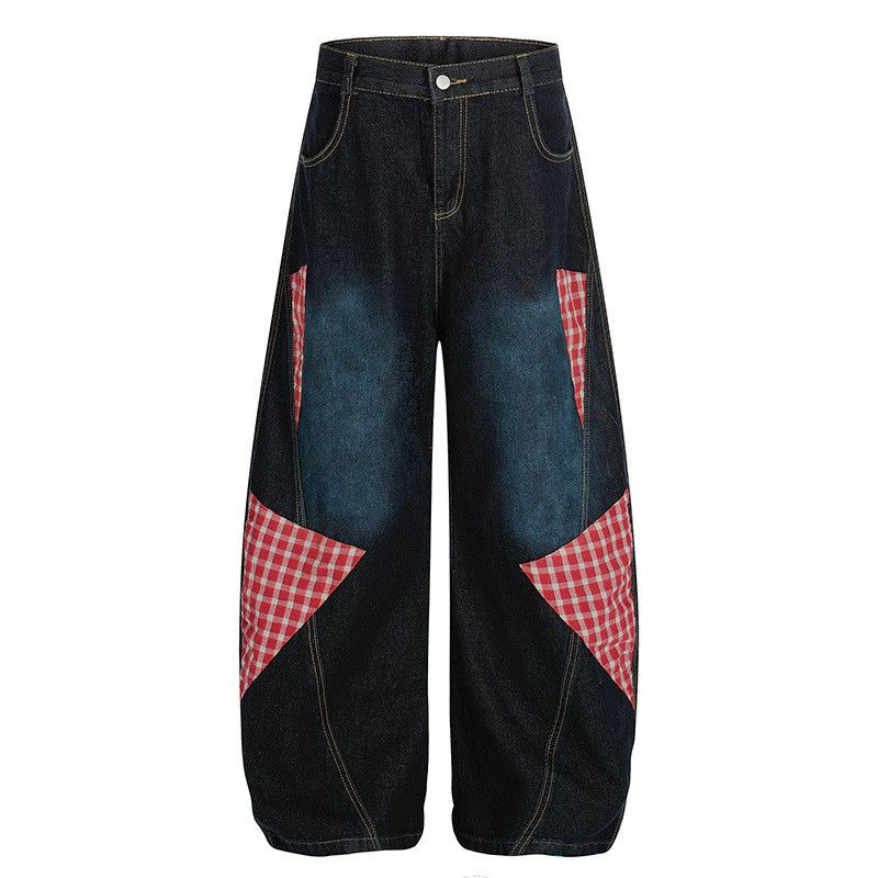 Jean American-Style Plaid-Embroidered Patchwork Jeans Size US 32 / EU 48 - 1 Thumbnail