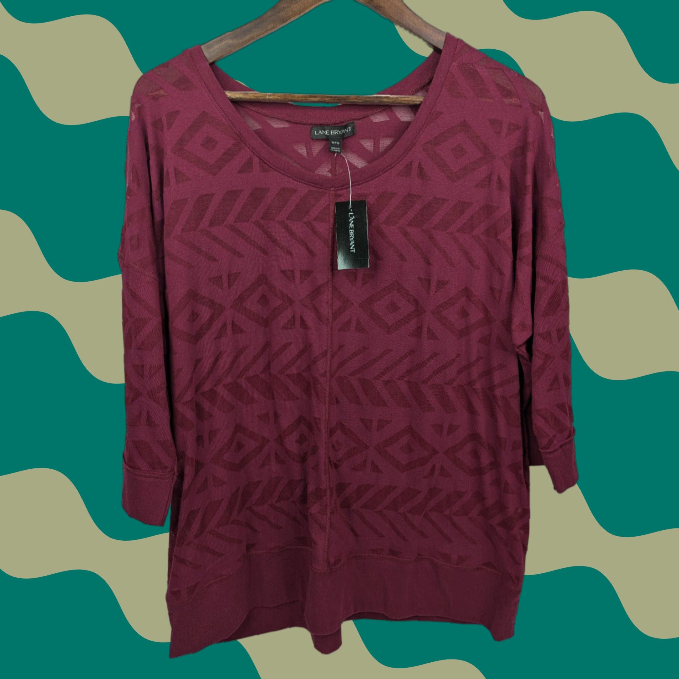 Vintage Lane Bryant Blouse Geometric 3/4 Sleeve Top Burgundy Women's Size 14/16 Sheer Tunic Bohemian NWT Size XL / US 12-14 / IT 48-50 - 1 Thumbnail
