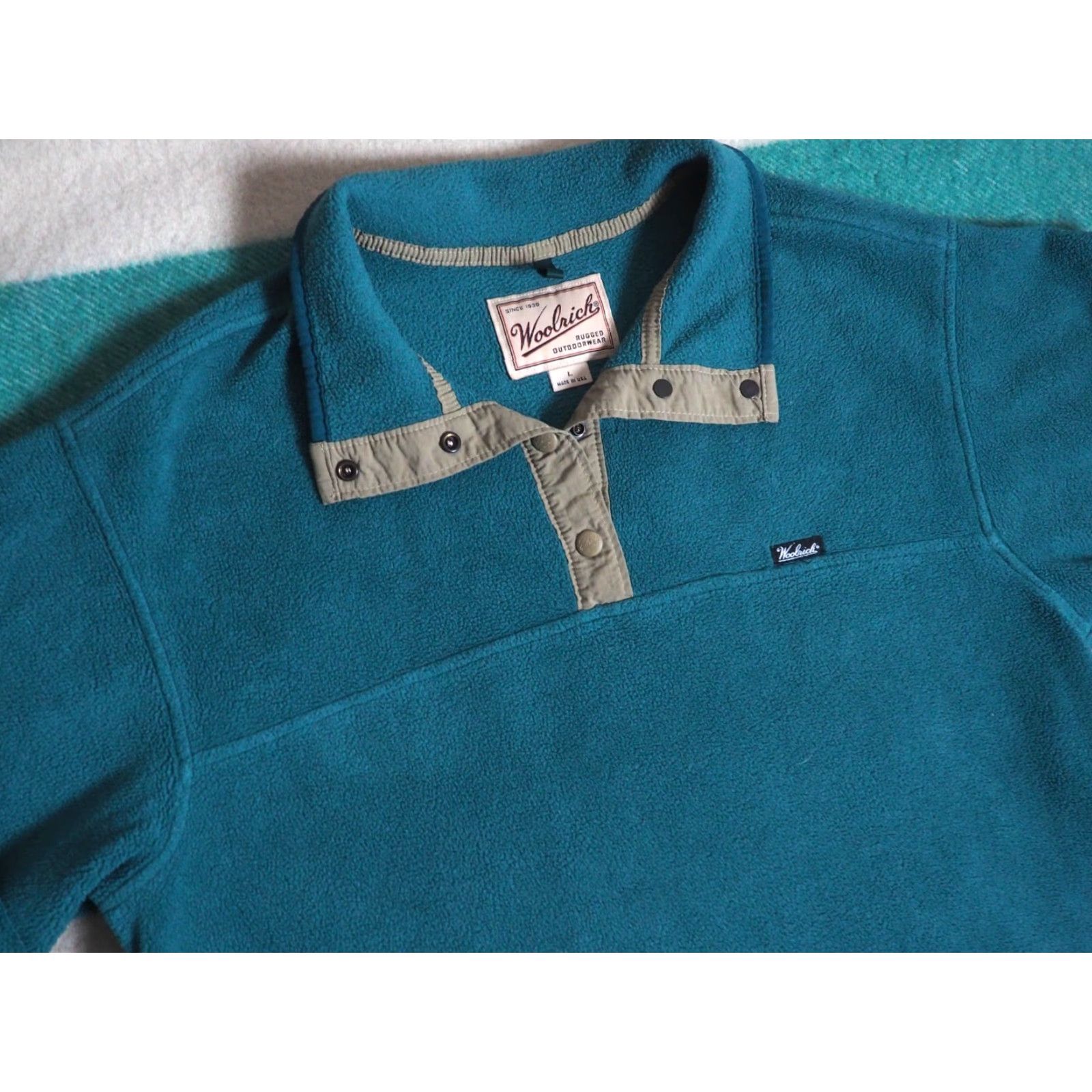 Vintage VTG Woolrich Teal Blue Green Logo Snap USA Hiking Fleece Jacket Mens L Size US L / EU 52-54 / 3 - 3 Thumbnail