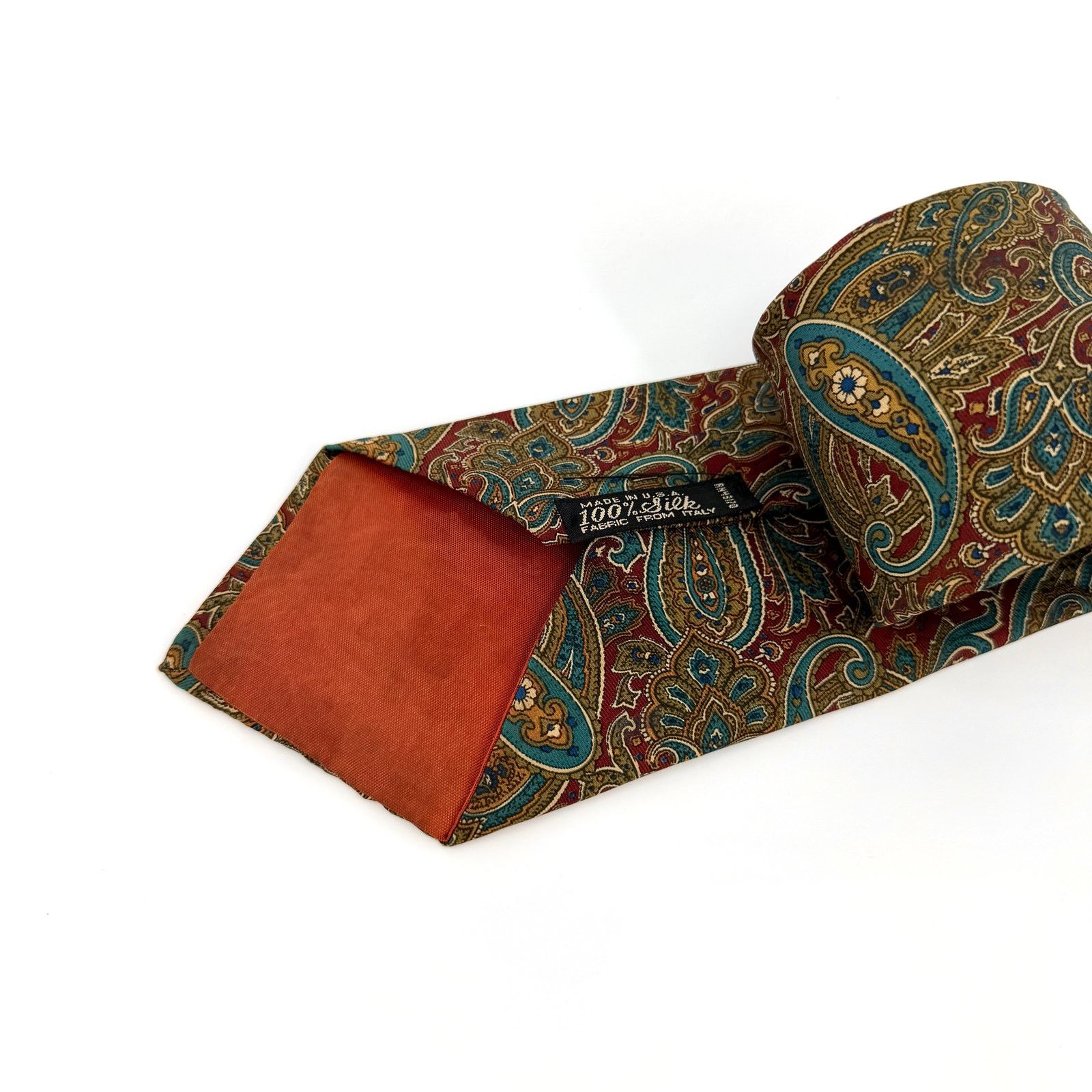 Oleg Cassini Vintage 80s Brick Red 100% Silk Olive Paisley Wide Necktie Size ONE SIZE - 3 Thumbnail