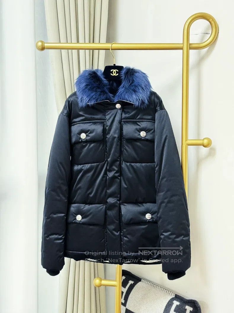 Chanel Chanel 23N dark blue colour-blocked fur collar long down c Size XS / US 0-2 / IT 36-38 - 1 Thumbnail